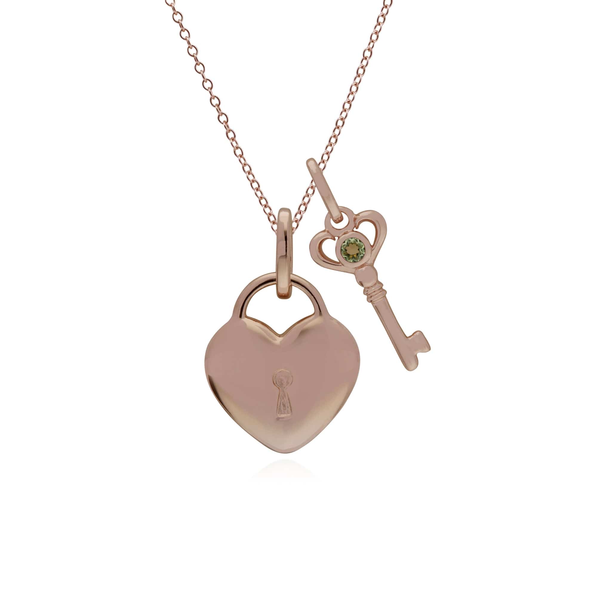 270P026307925-270P026901925 Classic Heart Lock Pendant & Peridot Key Charm in Rose Gold Plated 925 Sterling Silver 1