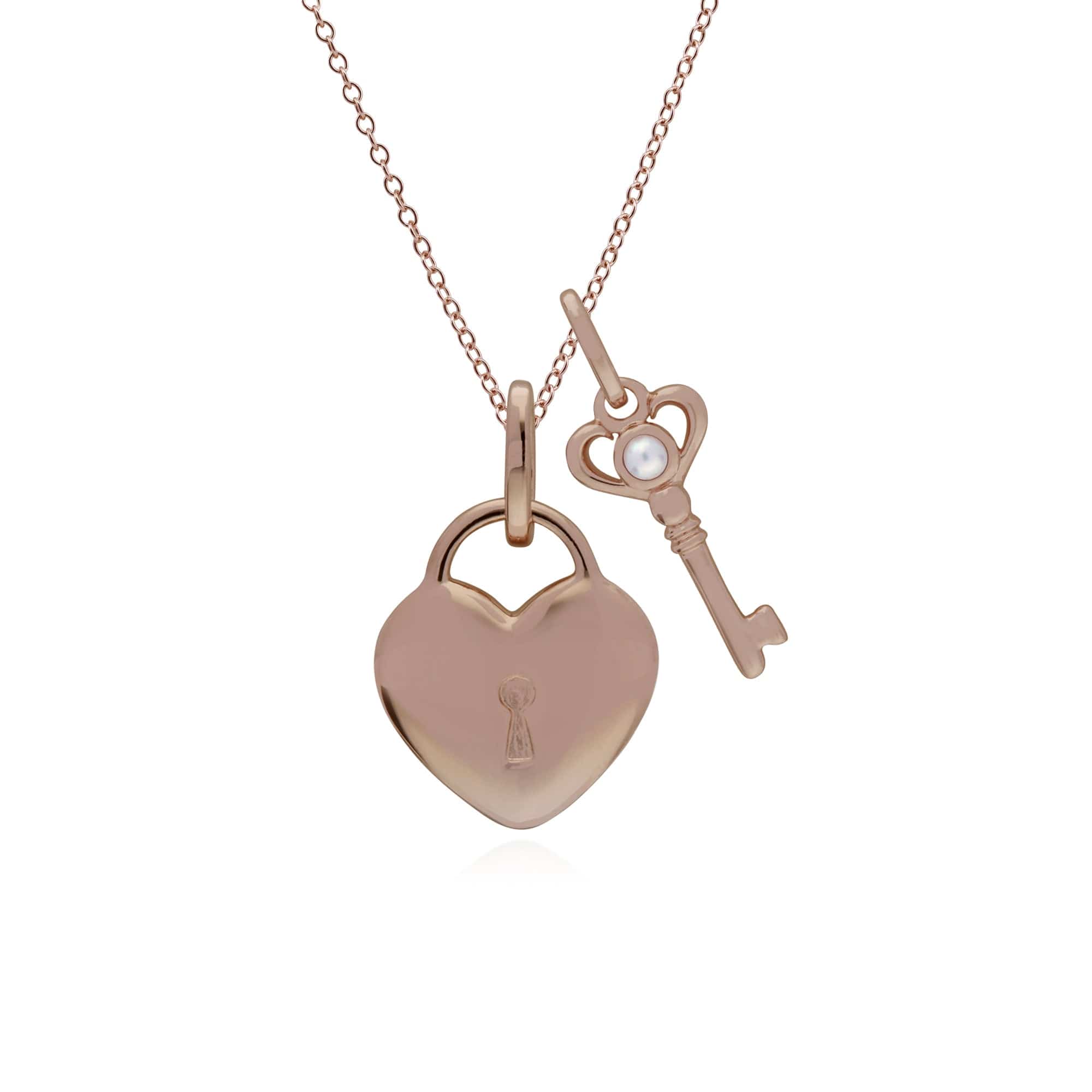 270P027101925-270P026901925 Classic Heart Lock Pendant & Pearl Key Charm in Rose Gold Plated 925 Sterling Silver 1