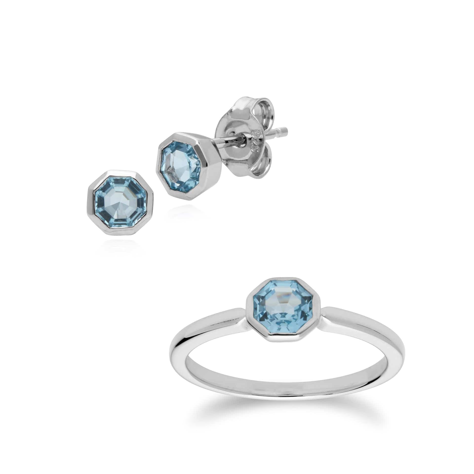 270E025002925-270R055701925 Geometric Octagon Blue Topaz Bezel Stud Earrings & Ring Set in 925 Sterling Silver 1