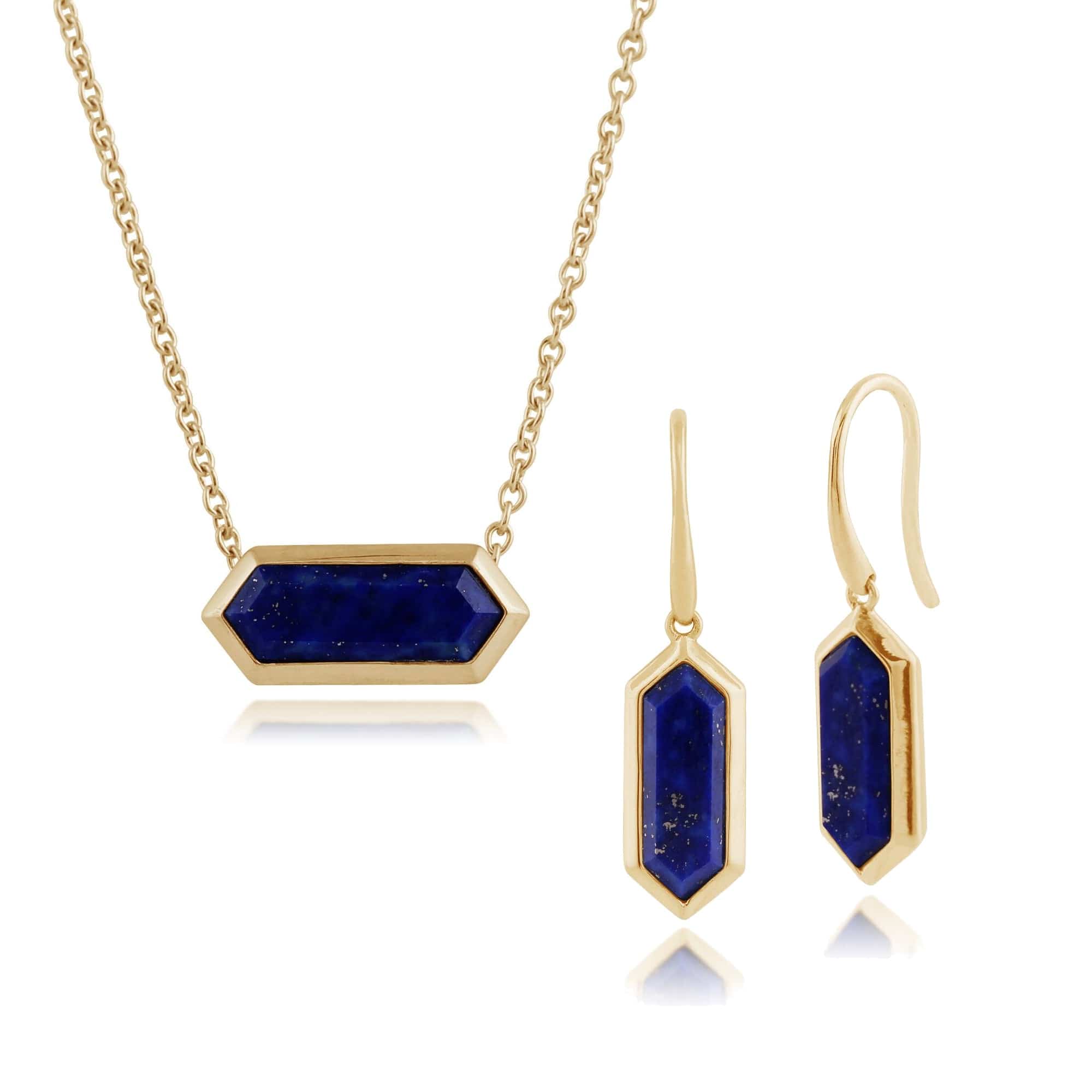 271E012502925-271N011502925 Geometric Hexagon Lapis Lazuli Drop Earrings & Pendant Set in Gold Plated Silver 1
