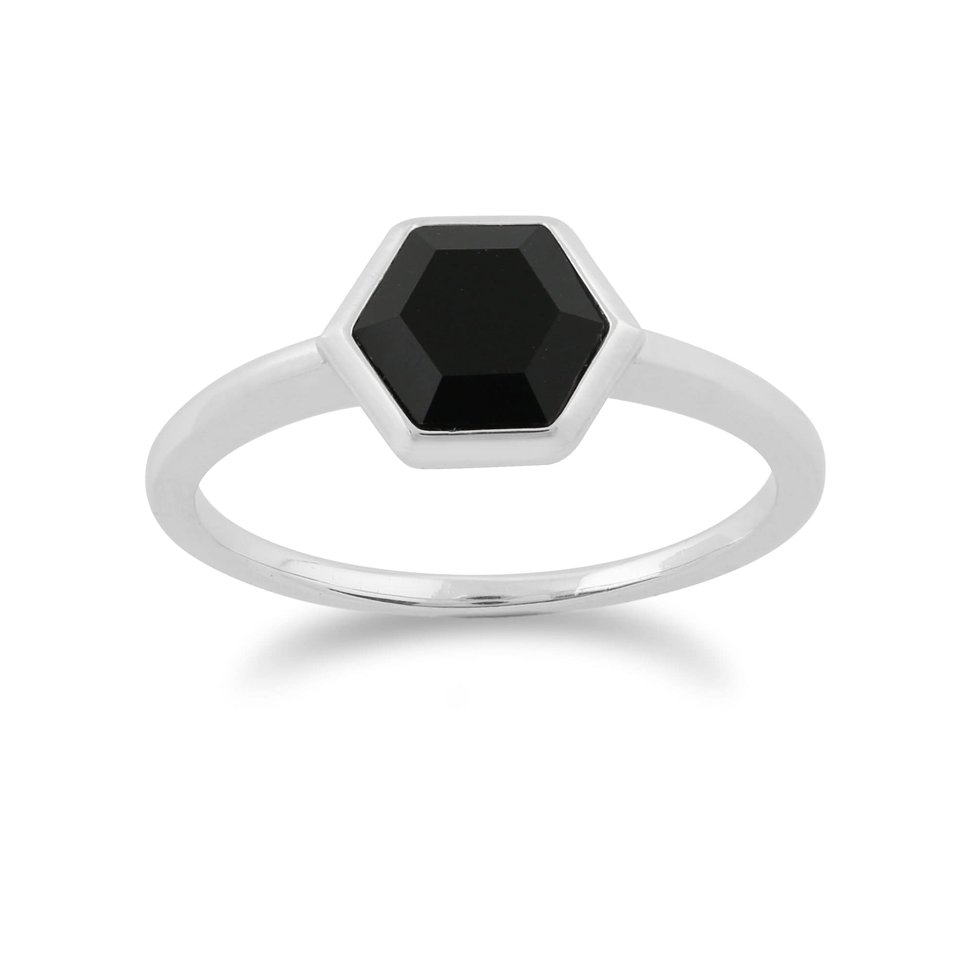 Geometric Hexagon Black Onyx Silver Ring