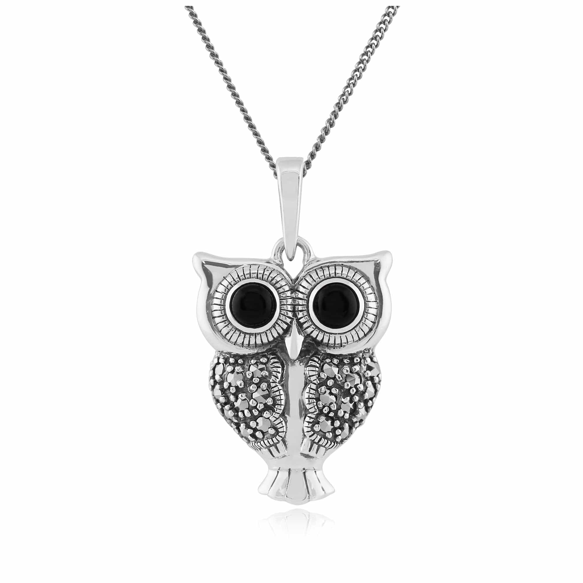 Art Deco Black Onyx & Marcasite Owl Pendant on Chain Image 1