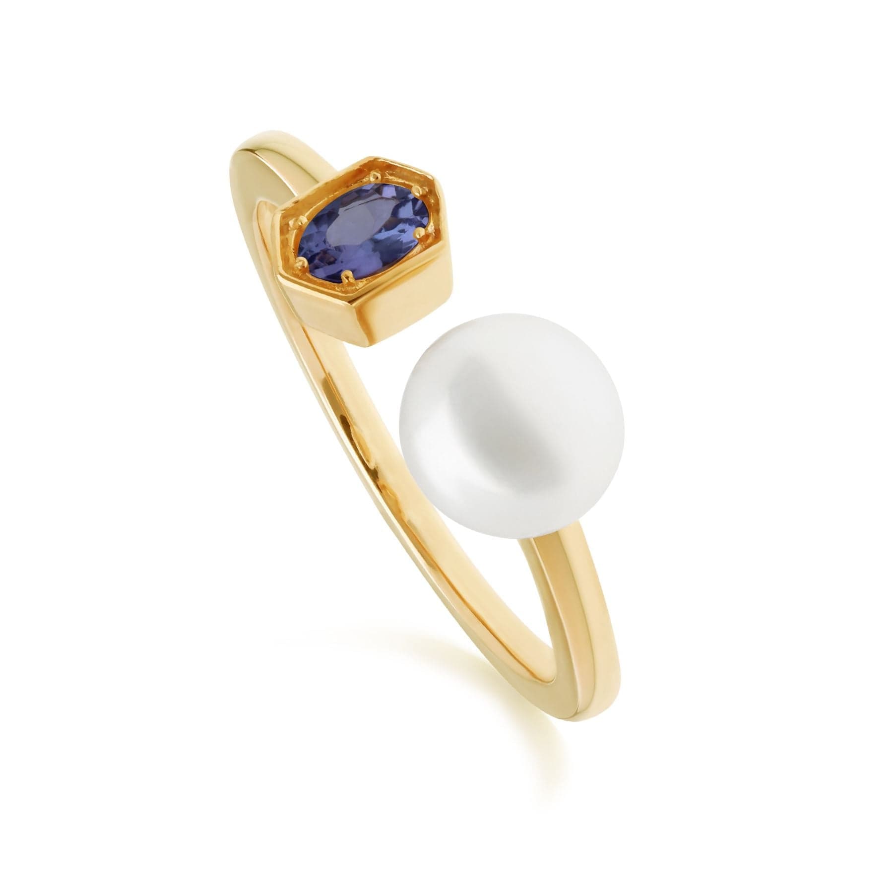270R058709925 Modern Pearl & Tanzanite Open Ring in Gold Plated Silver 1