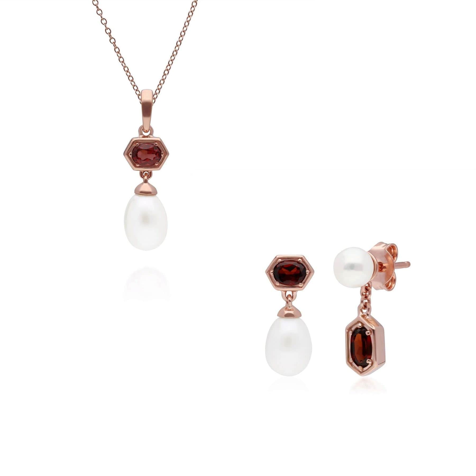 270P030407925-270E030407925 Modern Pearl & Garnet Pendant & Earring Set in Rose Gold Plated Silver 1