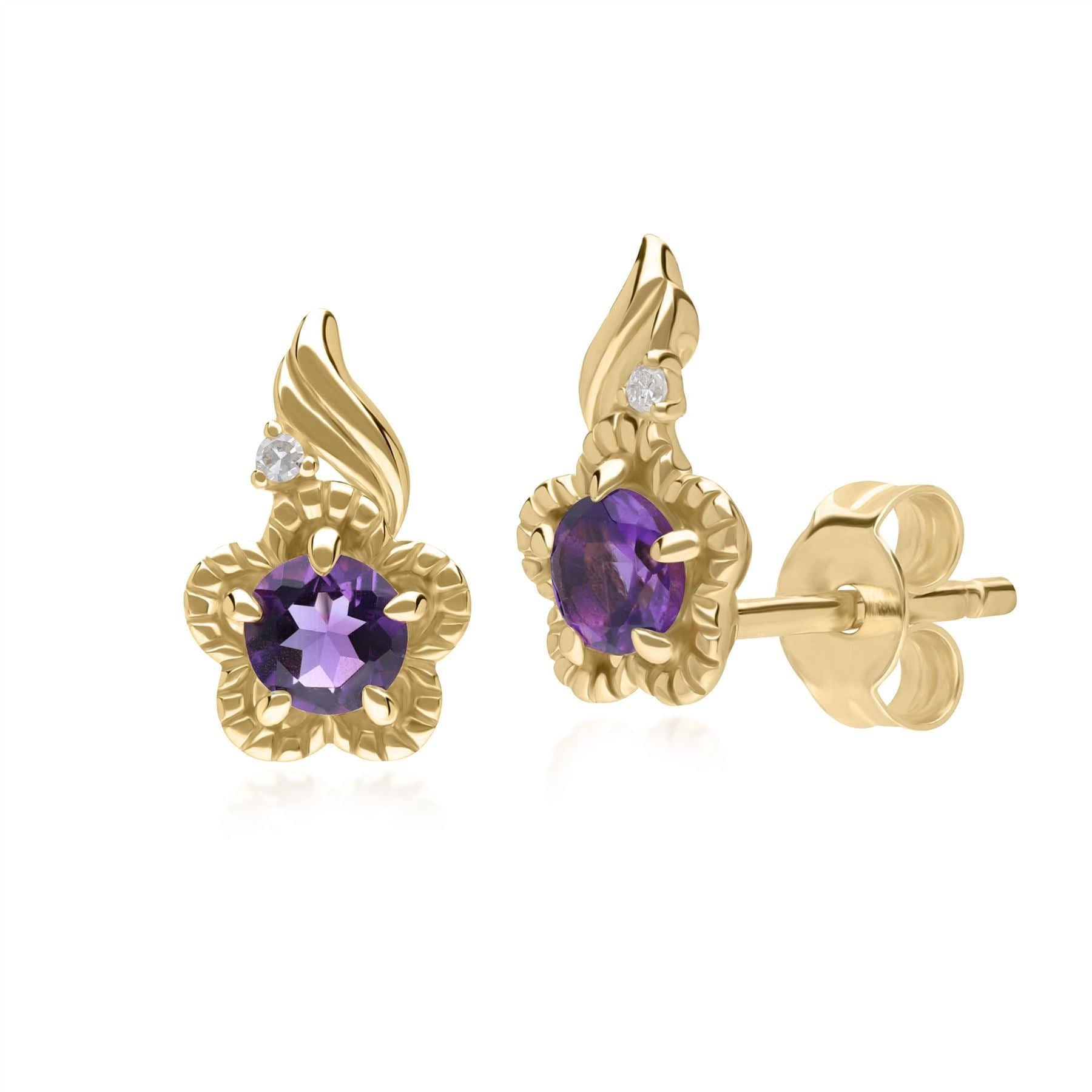 135E1813049 Floral Round Amethyst & Diamond Stud Earrings in 9ct Yellow Gold 1