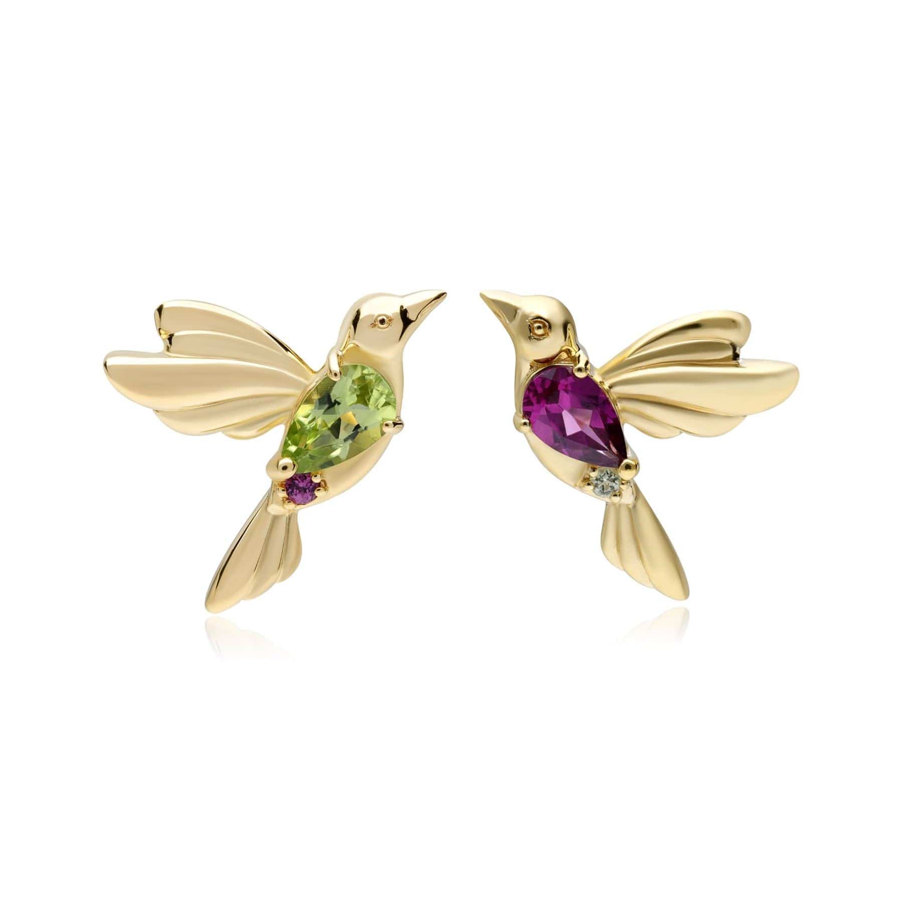 253E336701925 ECFEW™ Creator Mismatched Peridot & Rhodolite Hummingbird Stud Earrings In Sterling Silver 1