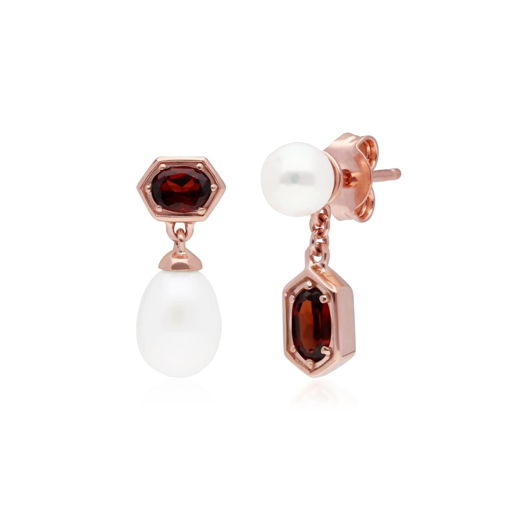 270E030407925 Modern Pearl & Garnet Mismatched Drop Earrings in Rose Gold Plated Silver 1