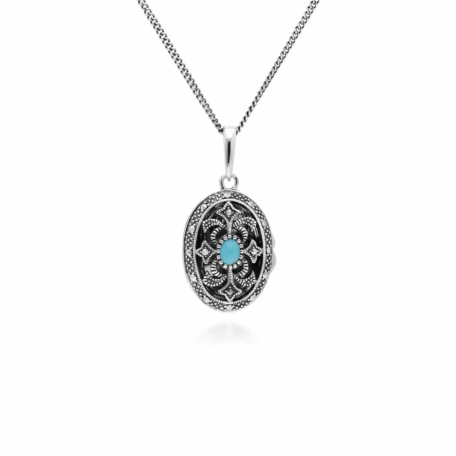 214N716213925 Art Nouveau Style Oval Turquoise & Marcasite Locket Necklace in 925 Sterling Silver 1