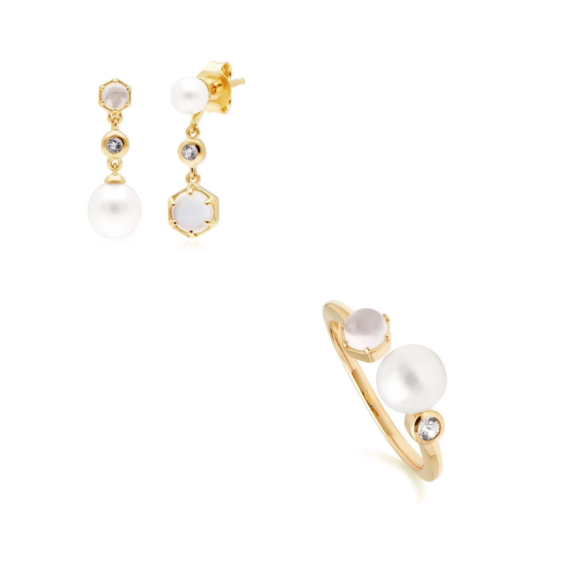 270E030702925-270R059102925 Modern Pearl, Topaz & Moonstone Earring & Ring Set in Gold Plated Silver 1