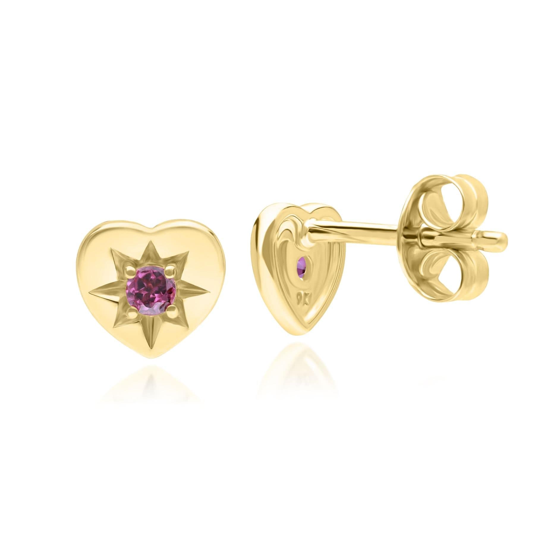 135E1820019 ECFEW™ 'The Liberator' Rhodolite Heart Stud Earrings in 9ct Yellow Gold Front