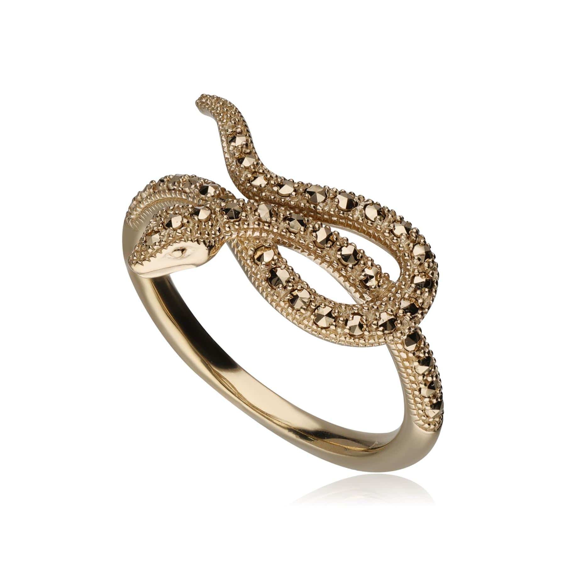 234R043401925 Art Nouveau Marcasite Winding Snake Ring in 18ct Gold Plated Silver 1