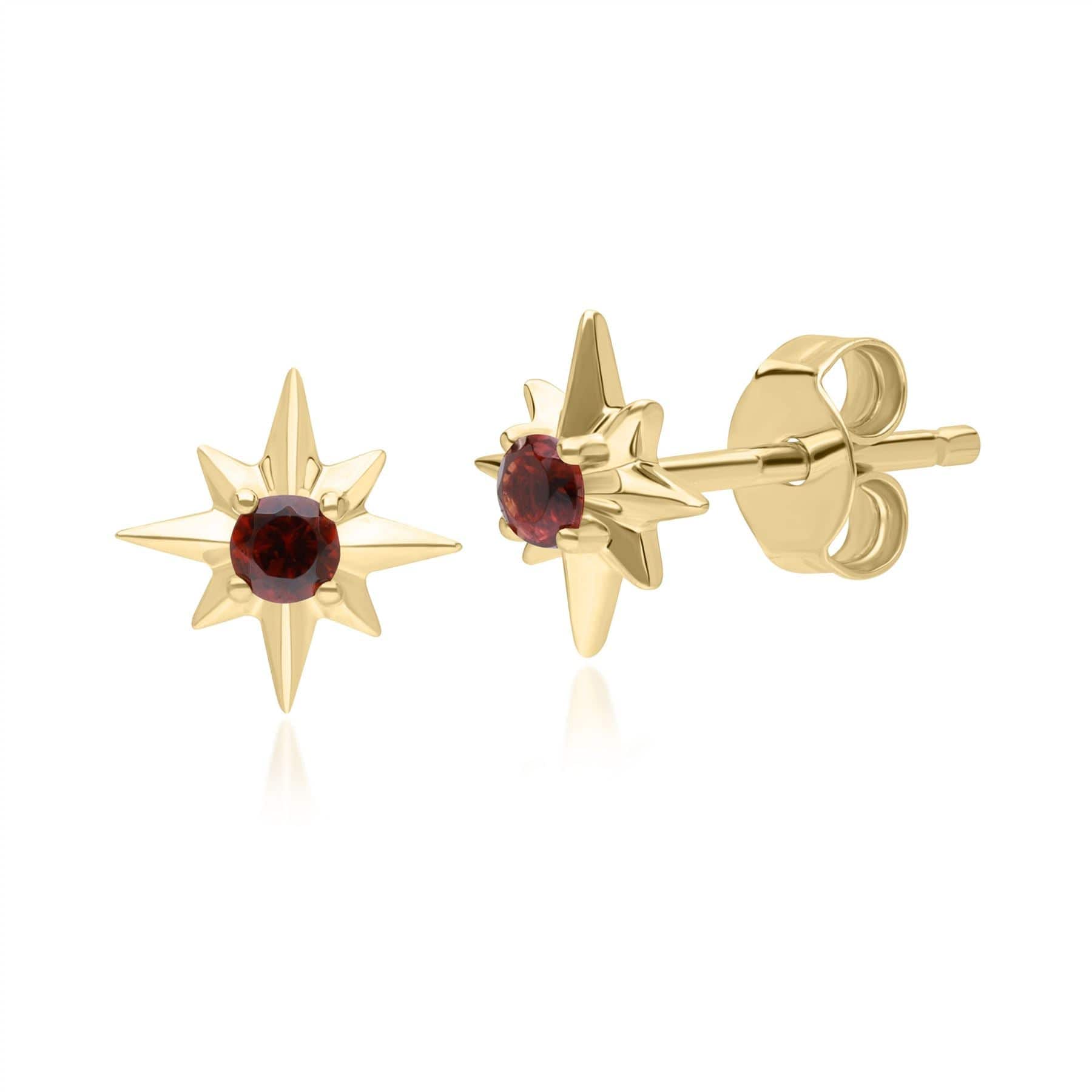 135E1821059 Night Sky Garnet Star Stud Earrings in 9ct Yellow Gold Front