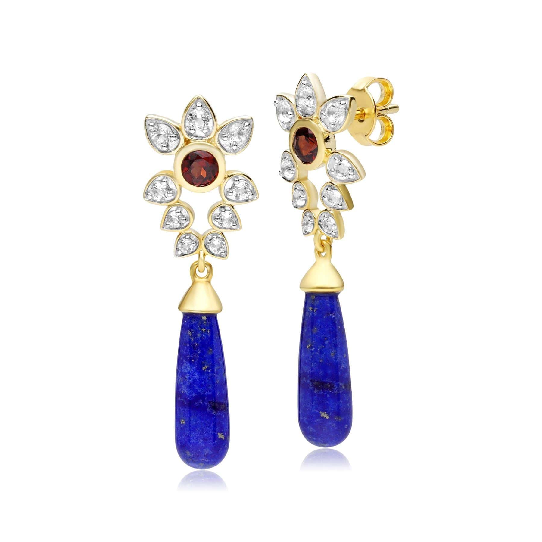 253E337401925 ECFEW™ Creator Lapis Lazuli, White Topaz & Garnet Floral Dangle Drop Earrings In Sterling Silver 1