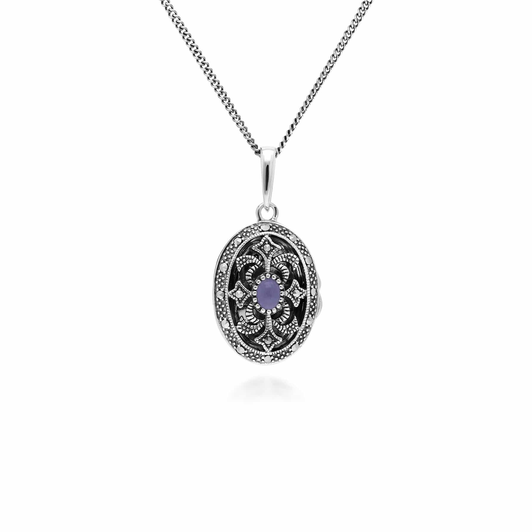 214N716211925 Art Nouveau Style Oval Dyed Purple Jade & Marcasite Locket Necklace in 925 Sterling Silver 1
