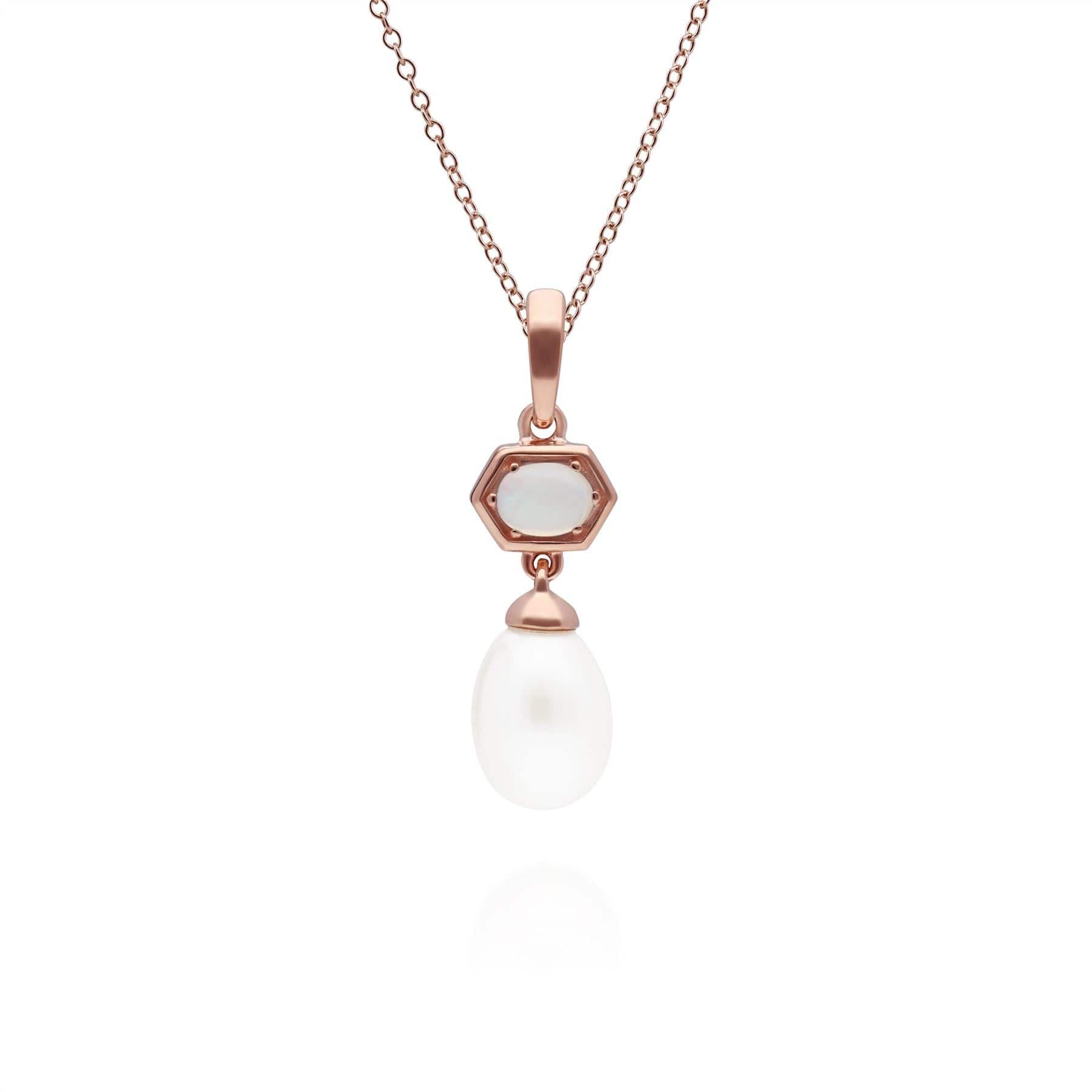 270P030801925 Modern Pearl & Opal Hexagon Drop Pendant in Rose Gold Plated Silver 1