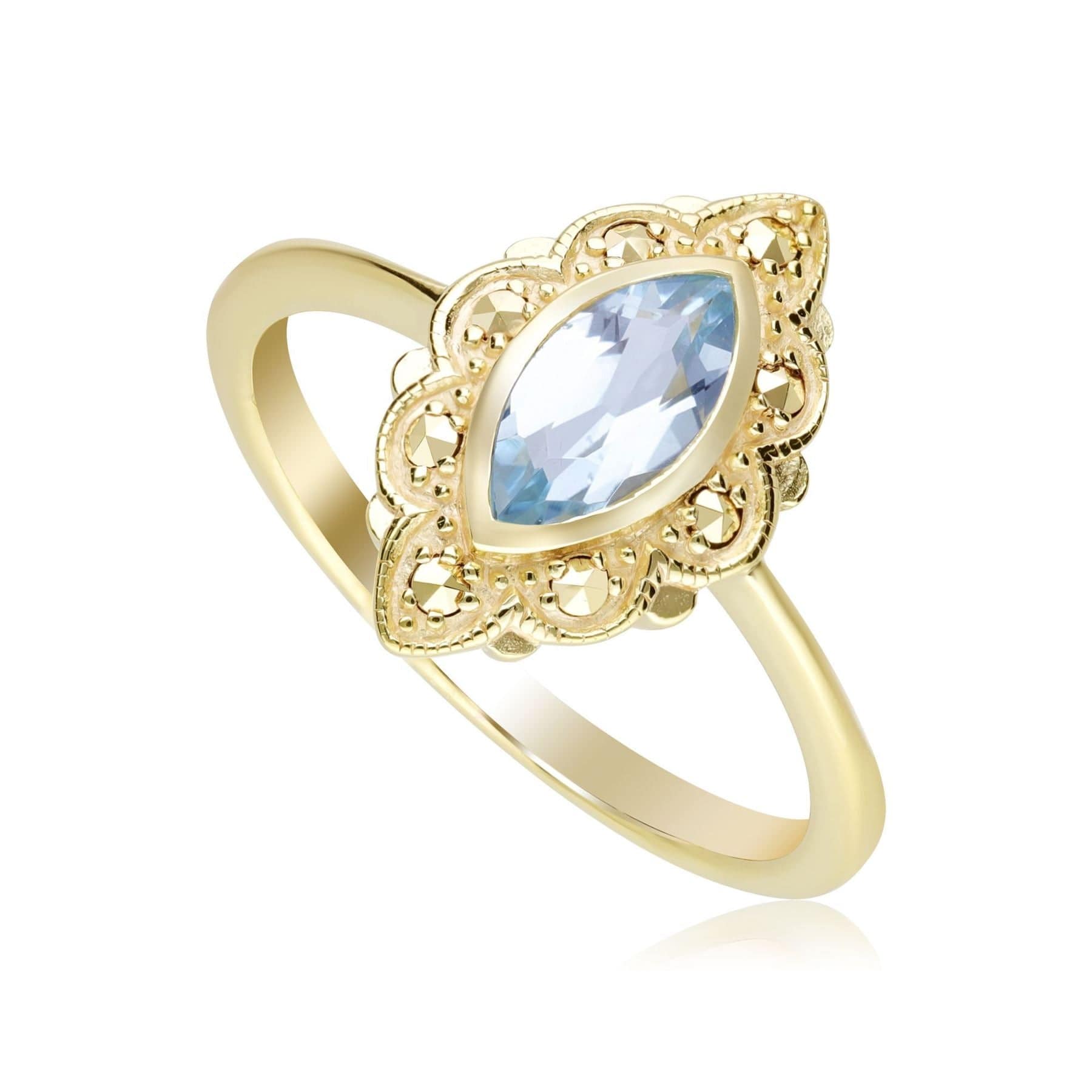 234R043601925 Art Nouveau Inspired Marquise Blue Topaz & Marcasite Ring in 18ct Gold Plated Silver 1