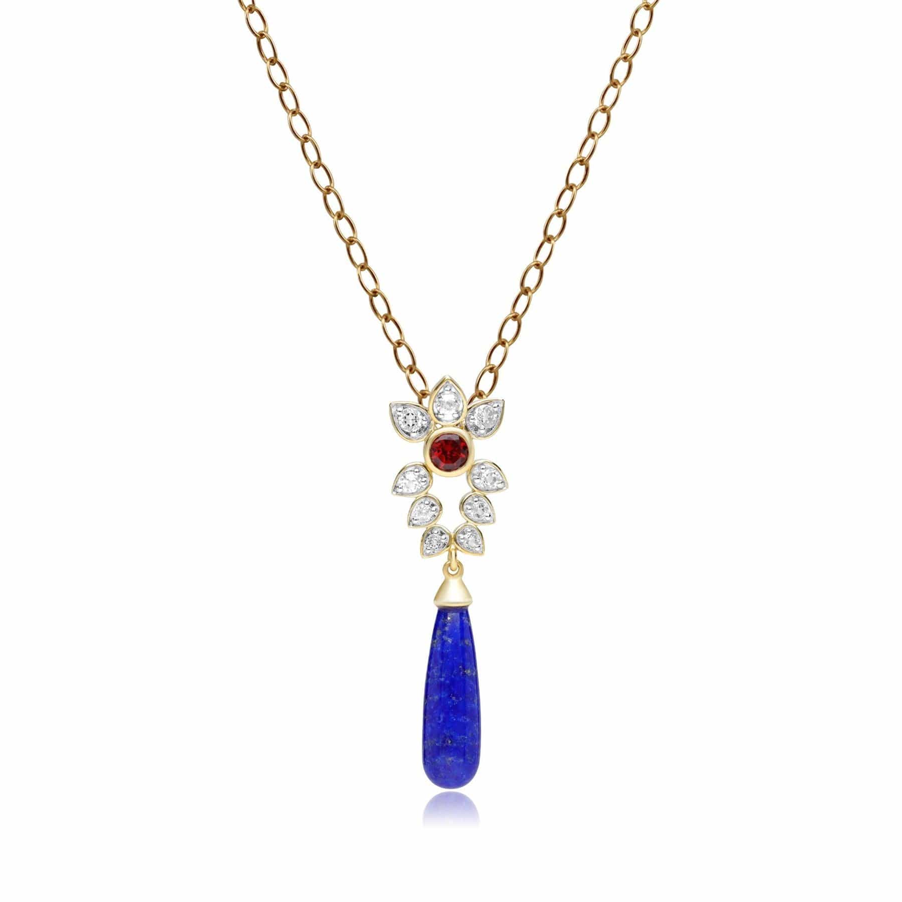 253P313401925 ECFEW™ Creator Lapis Lazuli, White Topaz & Garnet Floral Drop Pendant Necklace in Sterling Silver 1
