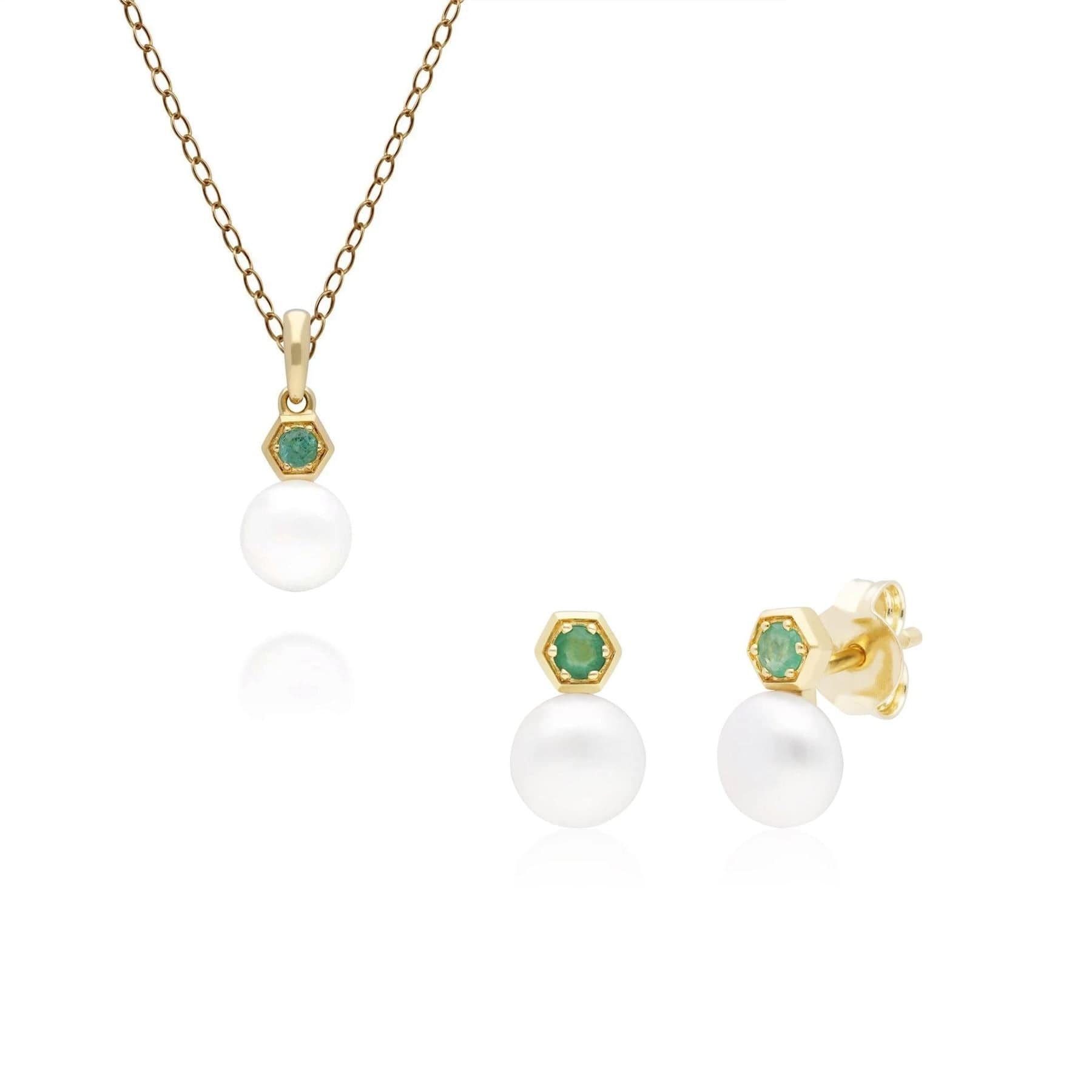 135P1965019-135E1633019 Modern Pearl & Emerald Pendant & Earring Set in 9ct Gold 1
