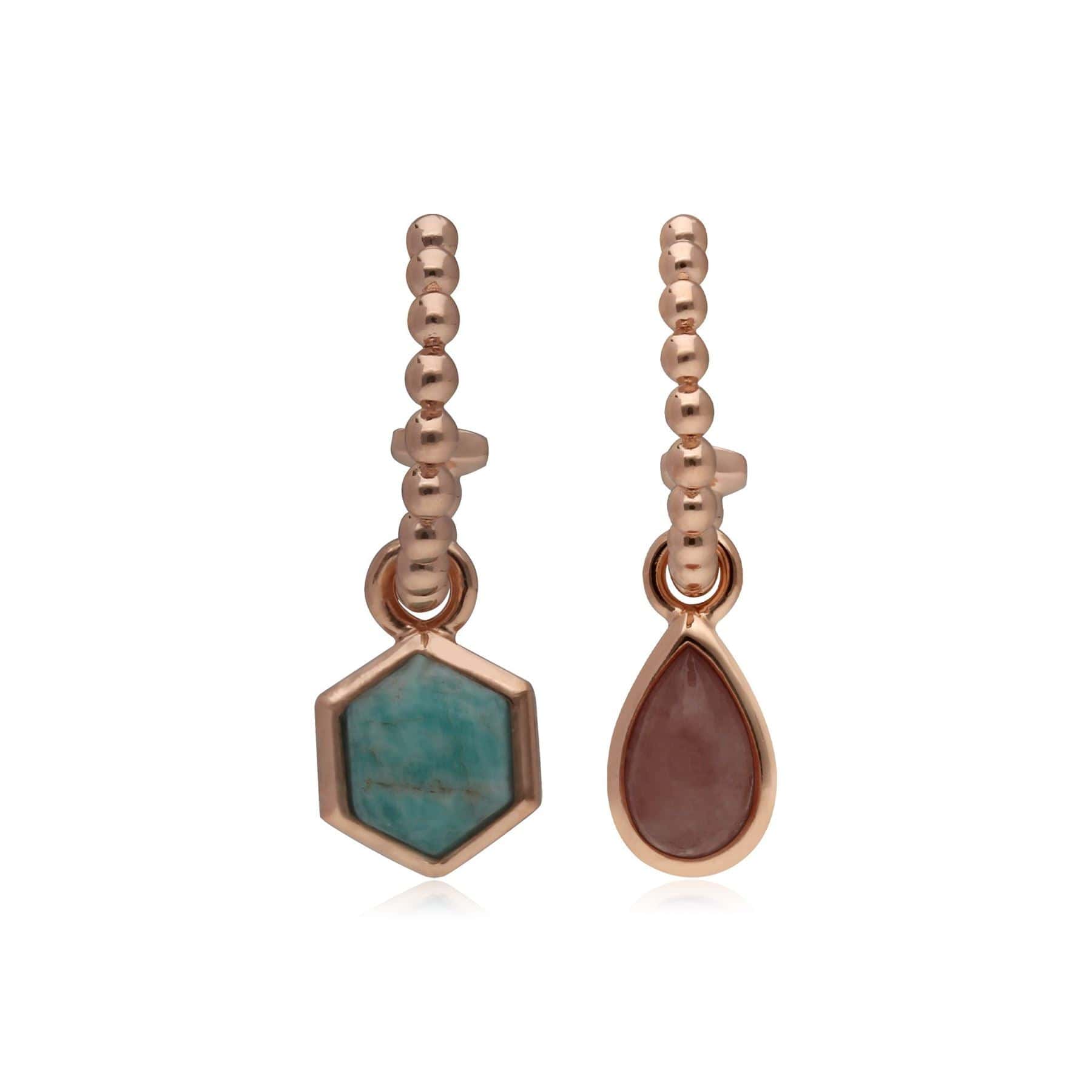 270E029601925 Micro Statement Rhodochrosite & Amazonite Mismatched Hoop Earrings in Rose Gold Silver 2