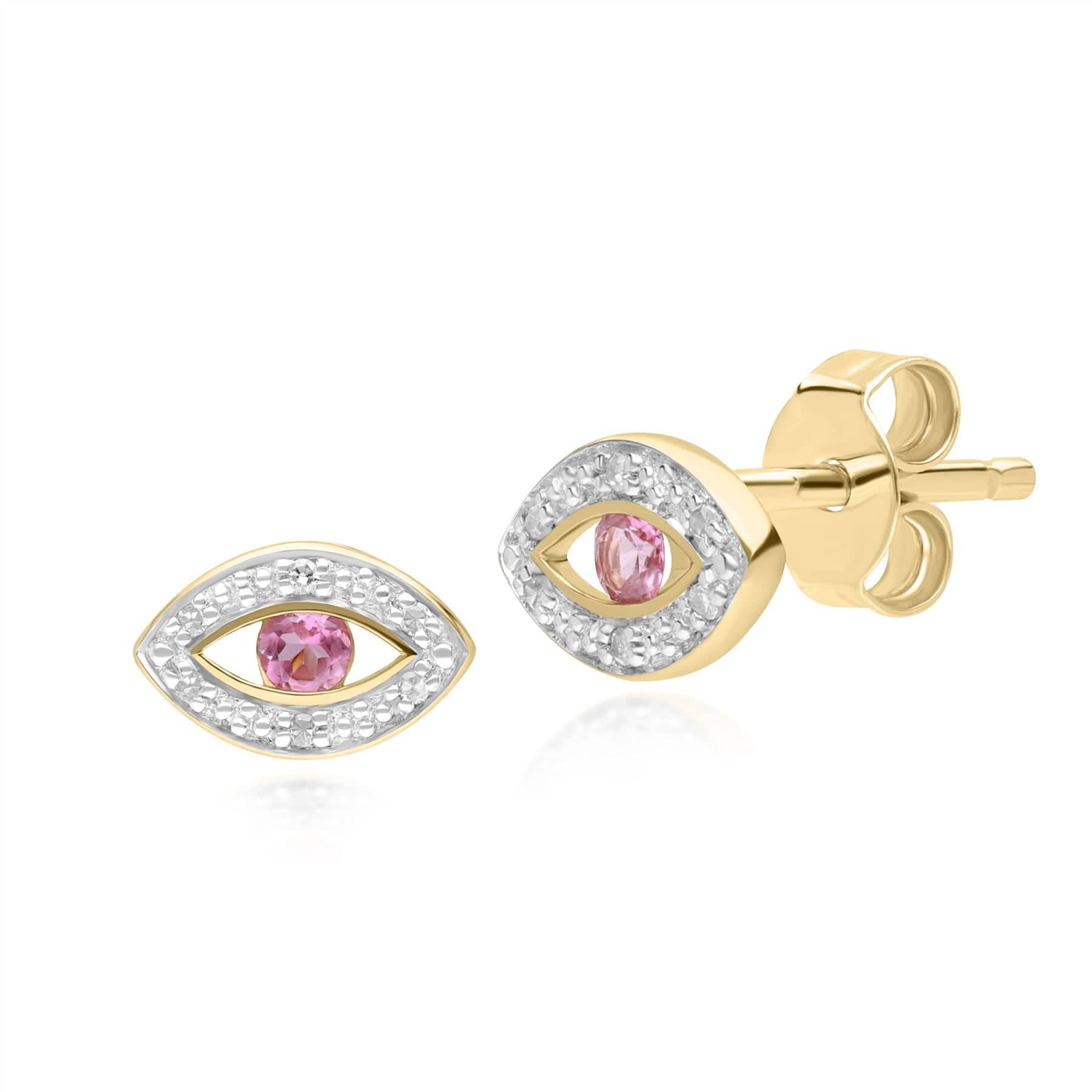 135E1824019 ECFEW™ Dainty Evil Eye Pink Tourmaline & Diamond Stud Earrings in 9ct Yellow Gold Front