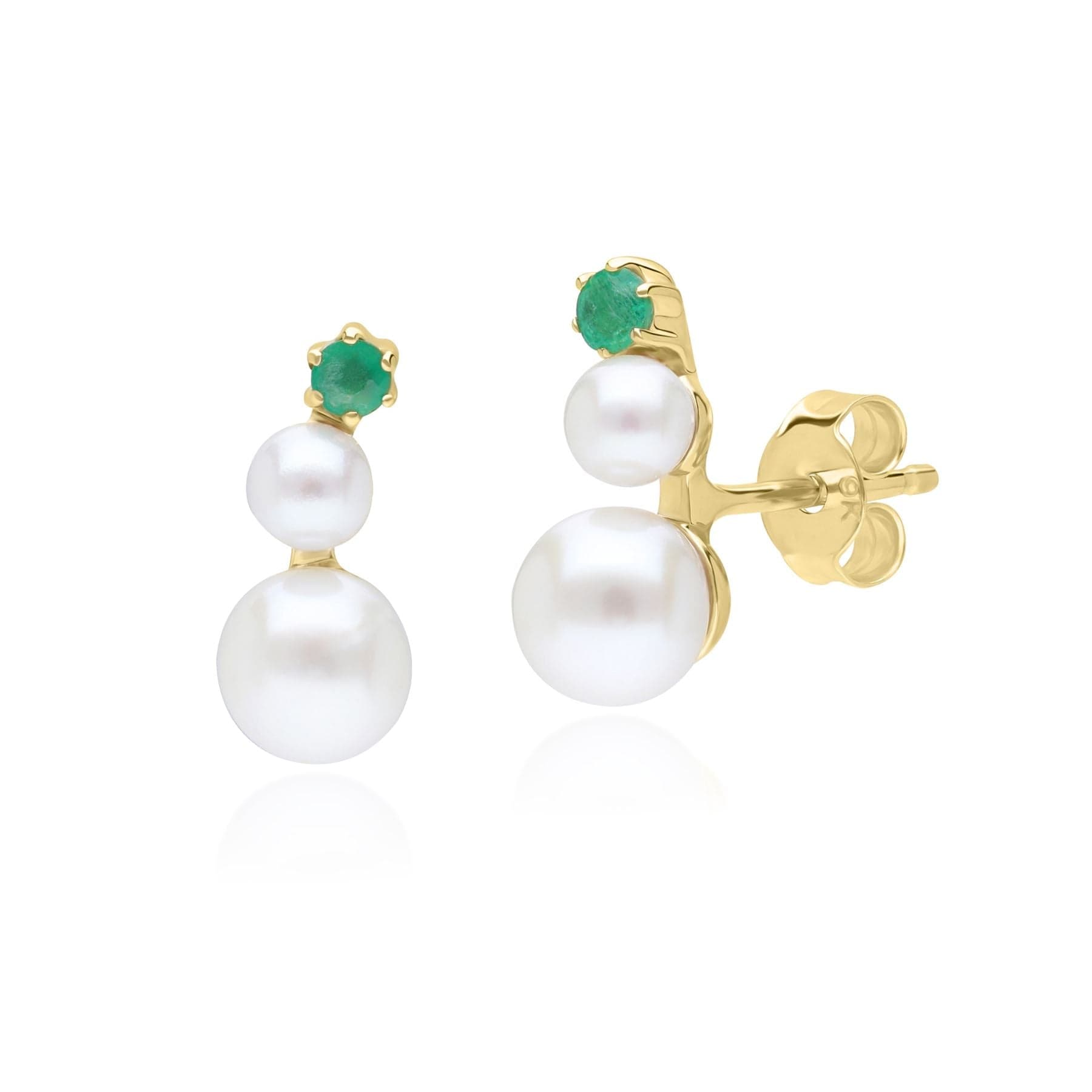 135E1809019 Modern Pearl & Emerald Climber Stud Earrings in 9ct Yellow Gold 1