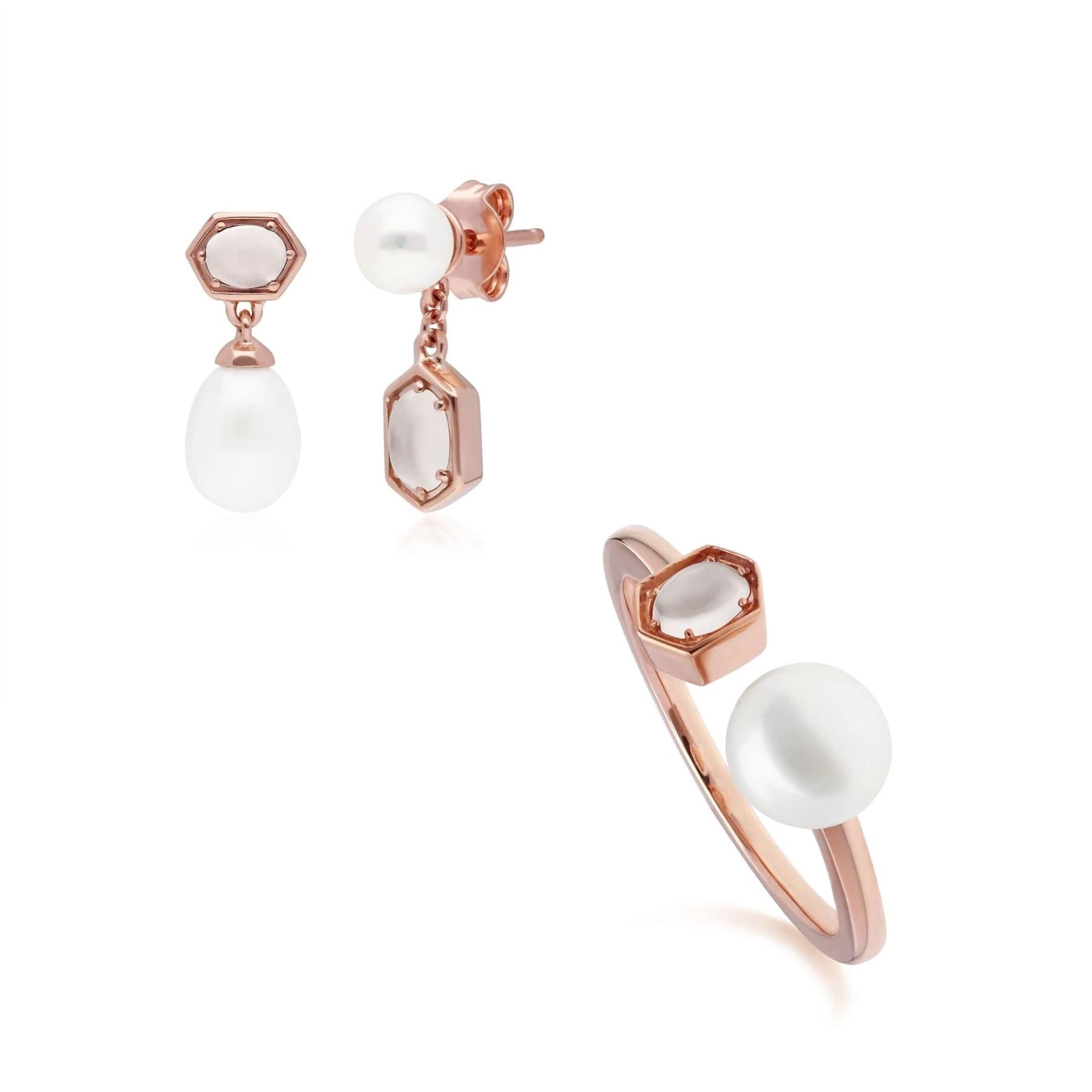 270E031002925-270R059202925 Modern Pearl & Moonstone Earring & Ring Set in Rose Gold Plated Silver 1