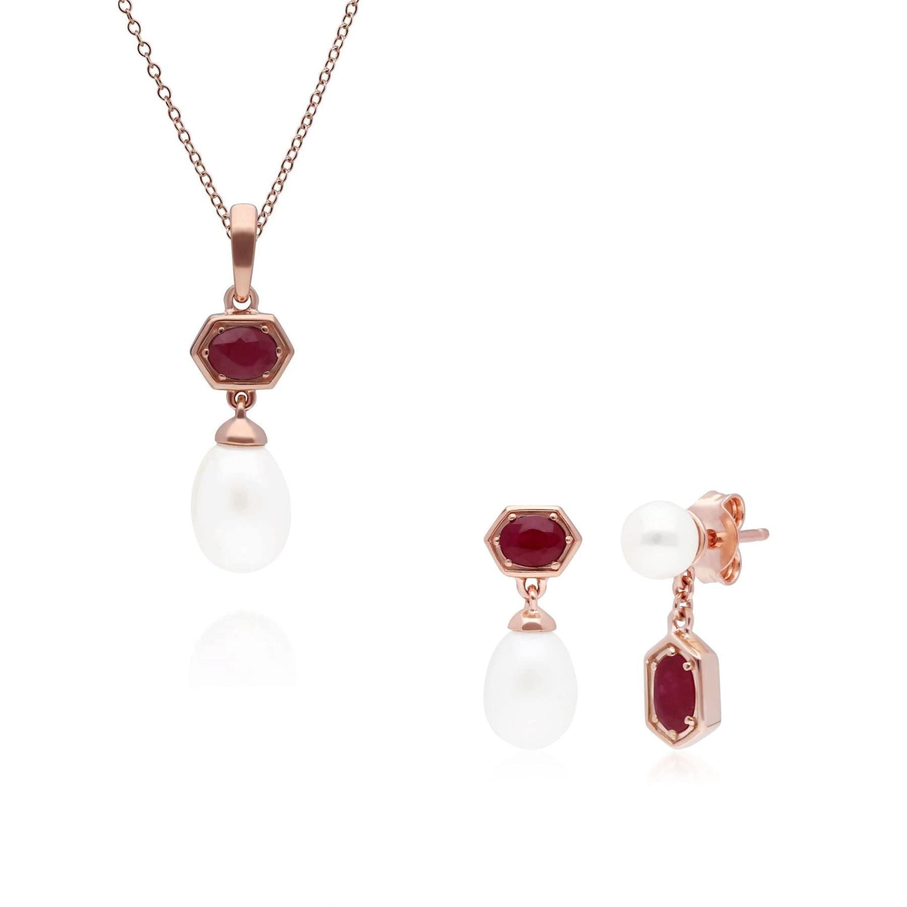 270P030402925-270E030402925 Modern Pearl & Ruby Pendant & Earring Set in Rose Gold Plated Silver 1