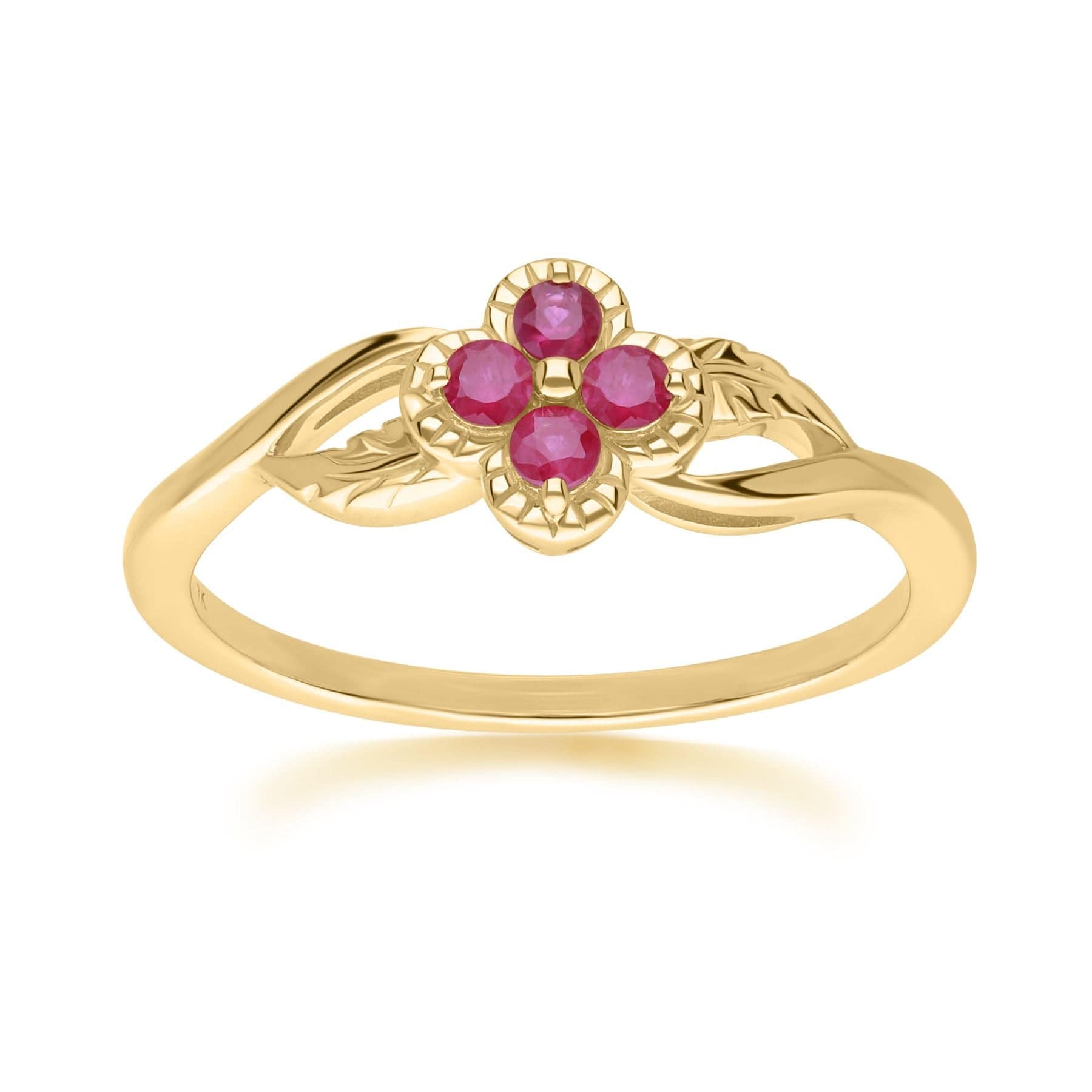 135R2048039 Floral Round Ruby Ring in 9ct Yellow Gold 1