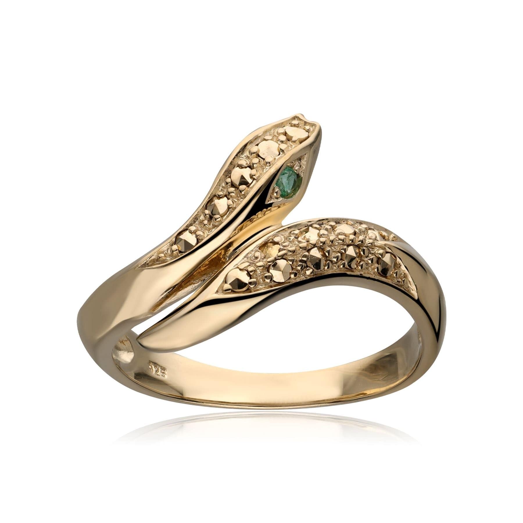 234R043501925 Emerald Eye Marcasite Snake Ring in Gold Plated Sterling Silver 2