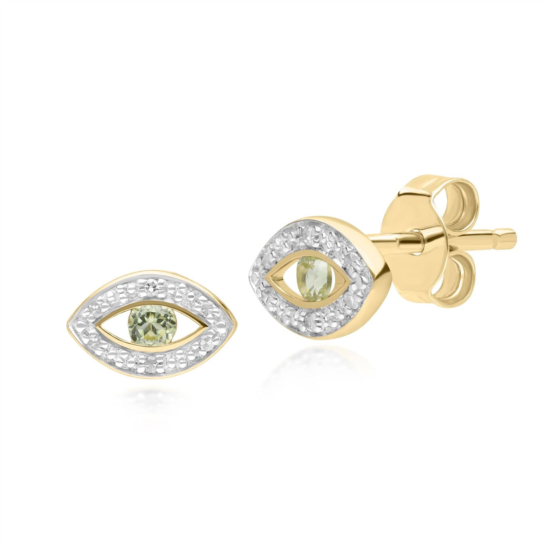 135E1824049 ECFEW™ Dainty Evil Eye Peridot & Diamond Stud Earrings in 9ct Yellow Gold Front