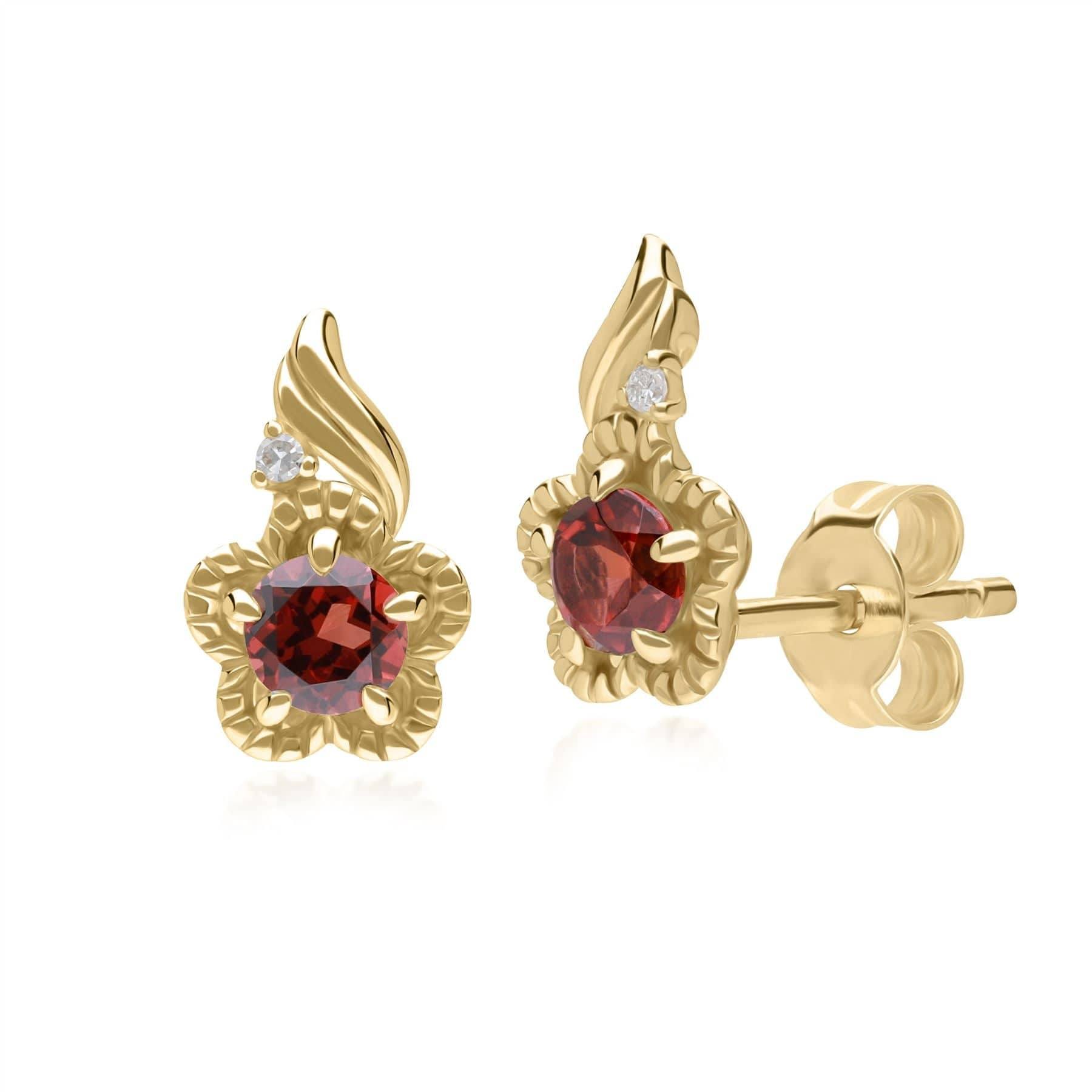 135E1813039 Floral Round Garnet & Diamond Stud Earrings in 9ct Yellow Gold 1