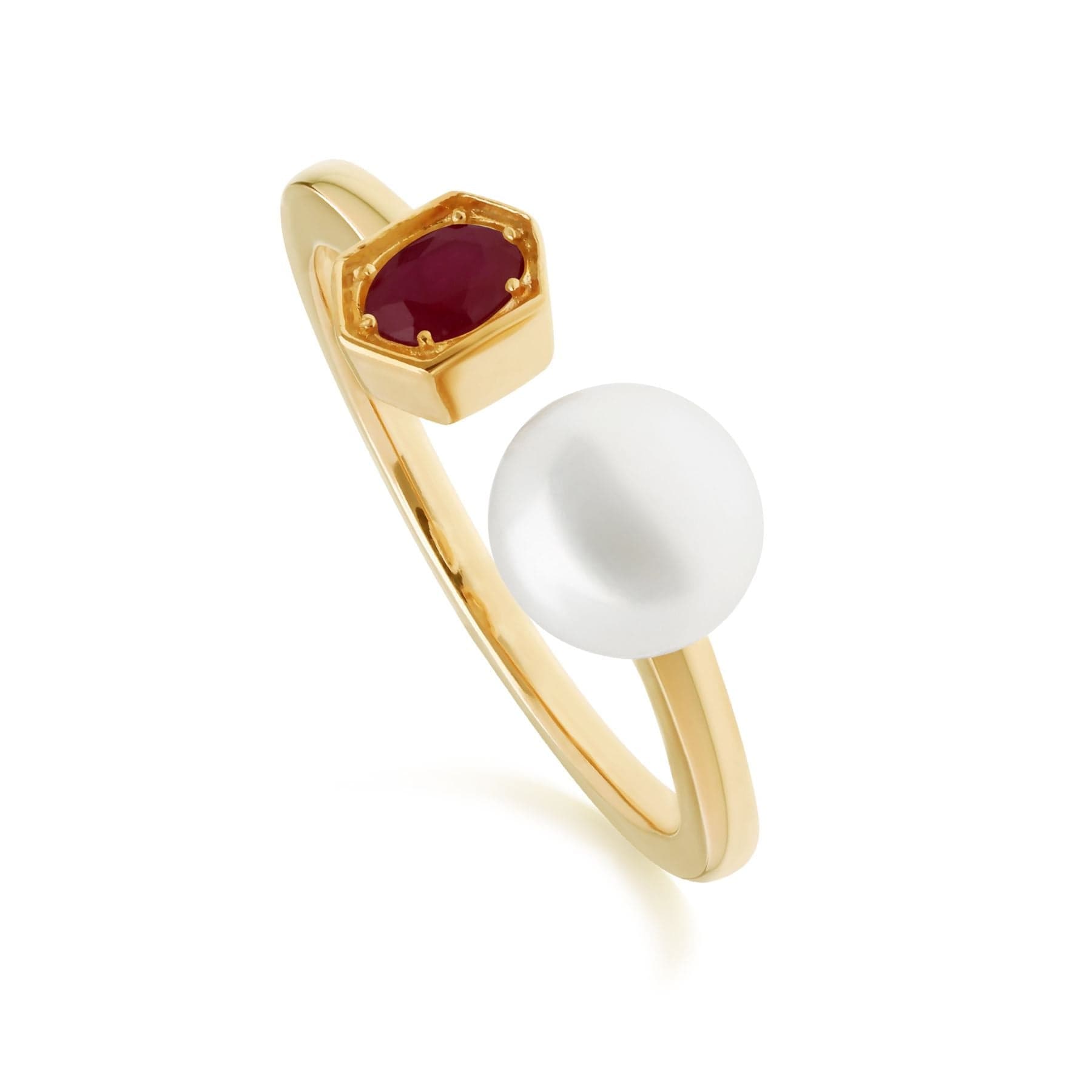 270R058702925 Modern Pearl & Ruby Open Ring in Gold Plated Silver 1
