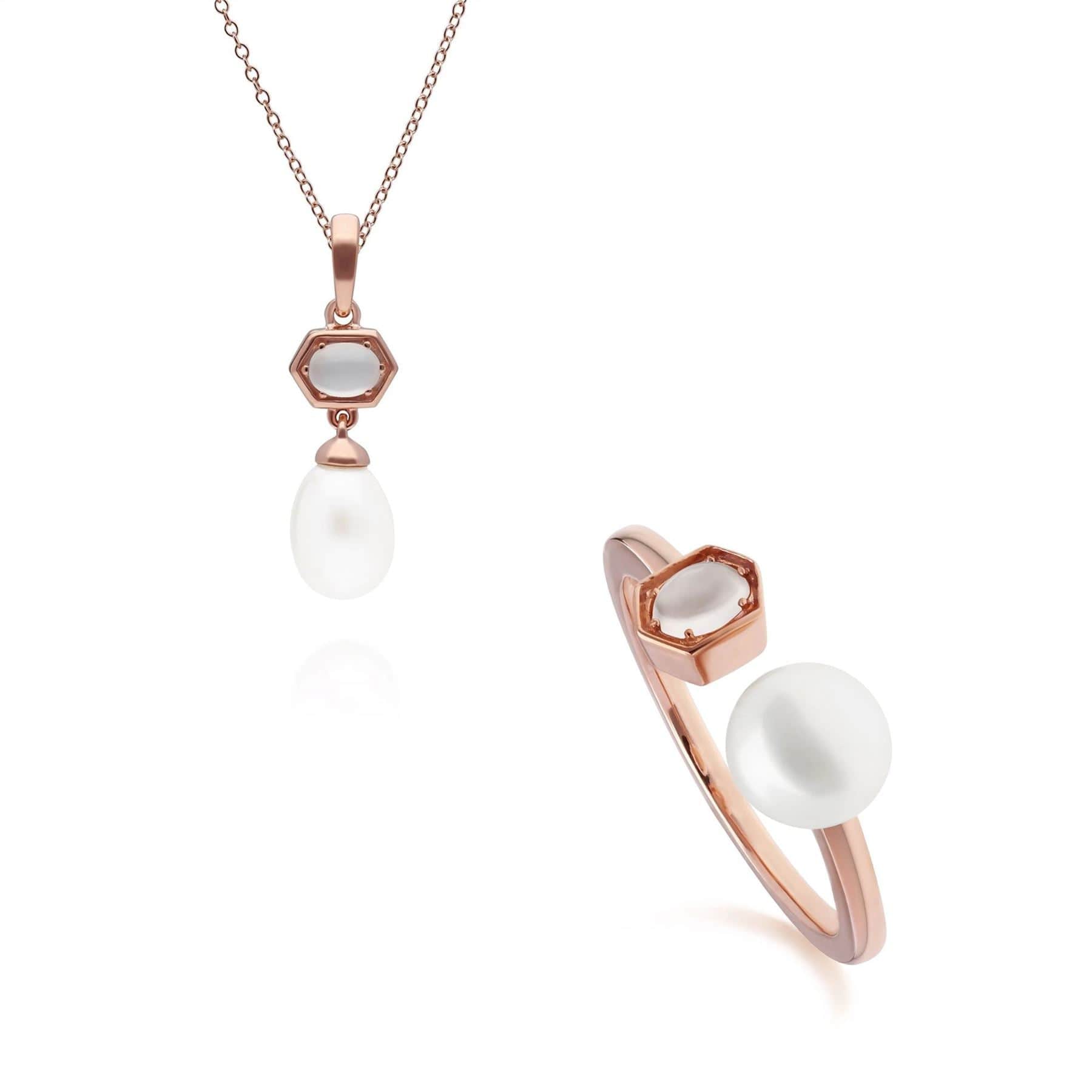 270P030801925-270R059201925 Modern Pearl & Opal Pendant & Ring Set in Rose Gold Plated Silver 1