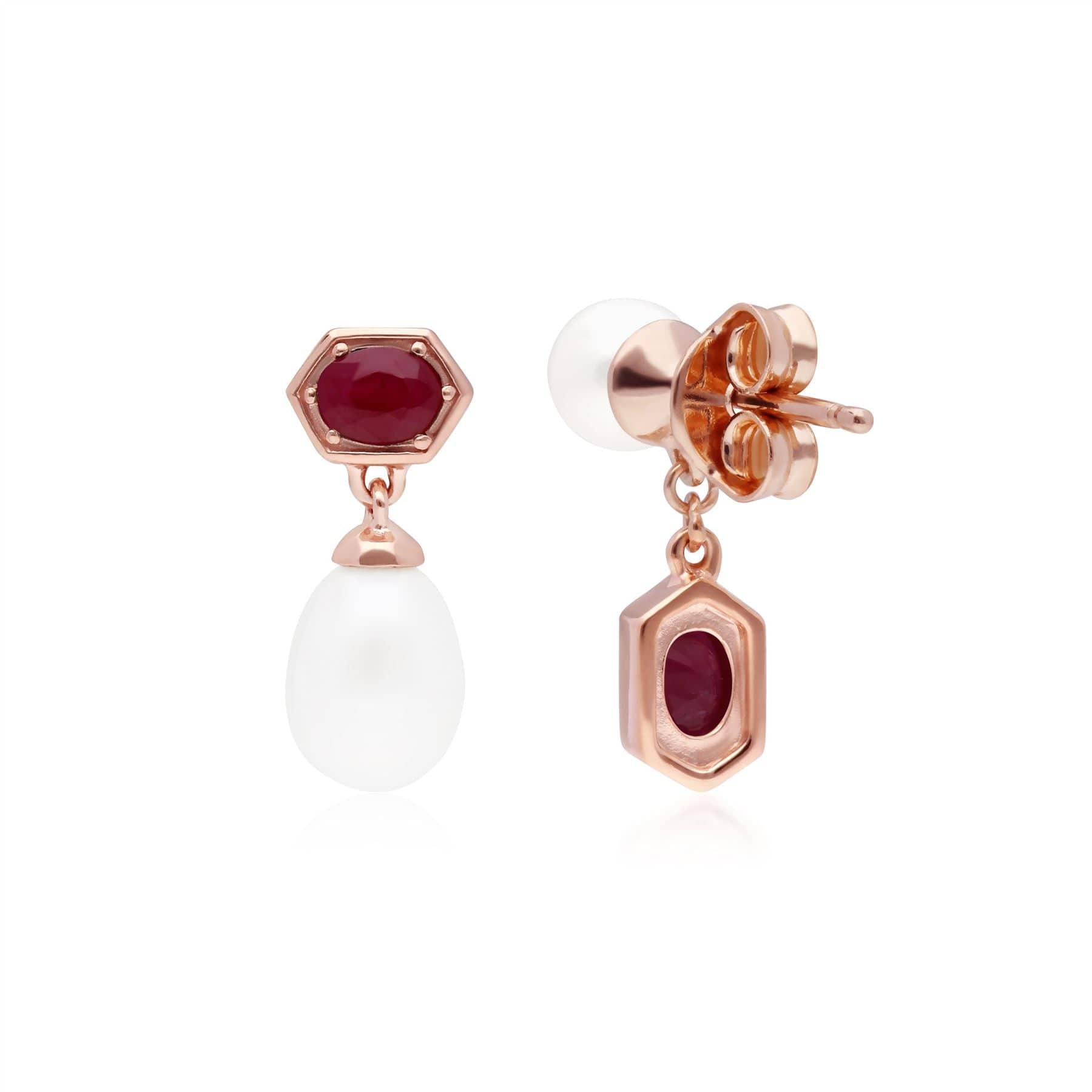270E030402925 Modern Pearl & Ruby Mismatched Drop Earrings in Rose Gold Plated Silver 2