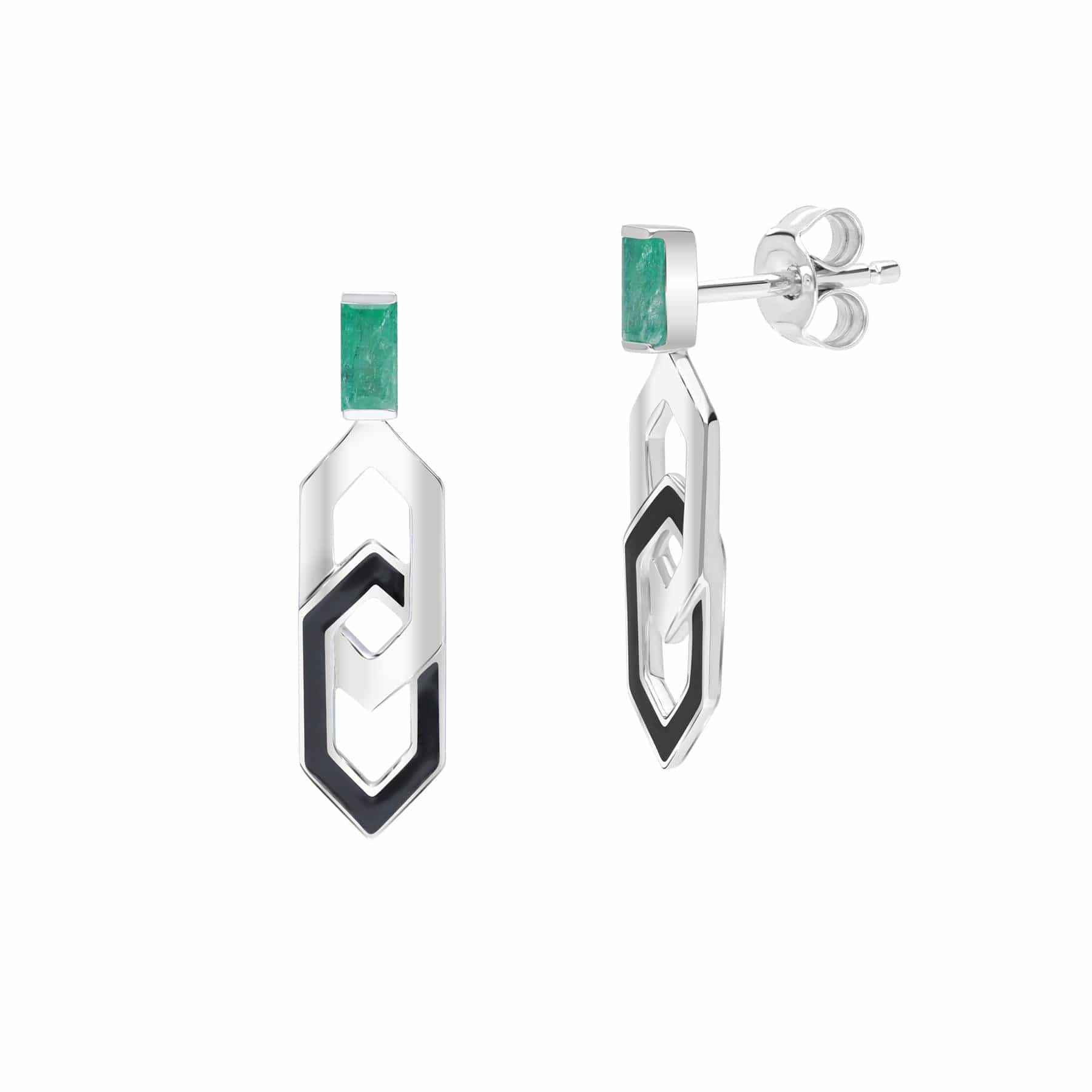162E0290029 Grand Deco Enamel & Emerald Link Drop Earrings in 9ct White Gold 1