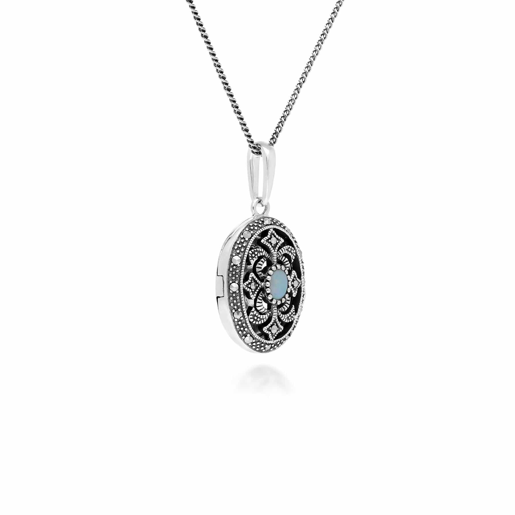 214N716212925 Art Nouveau Style Oval Opal & Marcasite Locket Necklace in 925 Sterling Silver 2