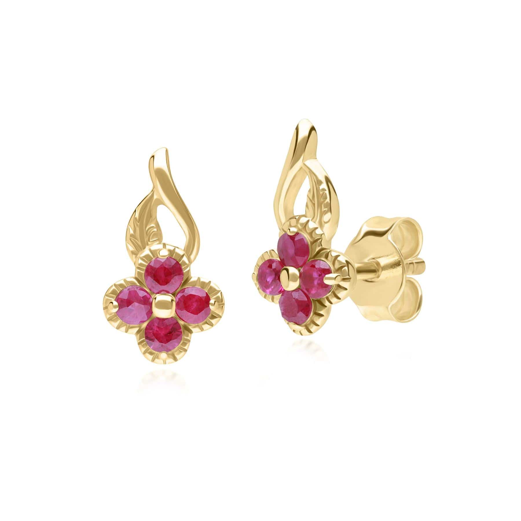 135E1812039 Floral Round Ruby Stud Earrings in 9ct Yellow Gold 1