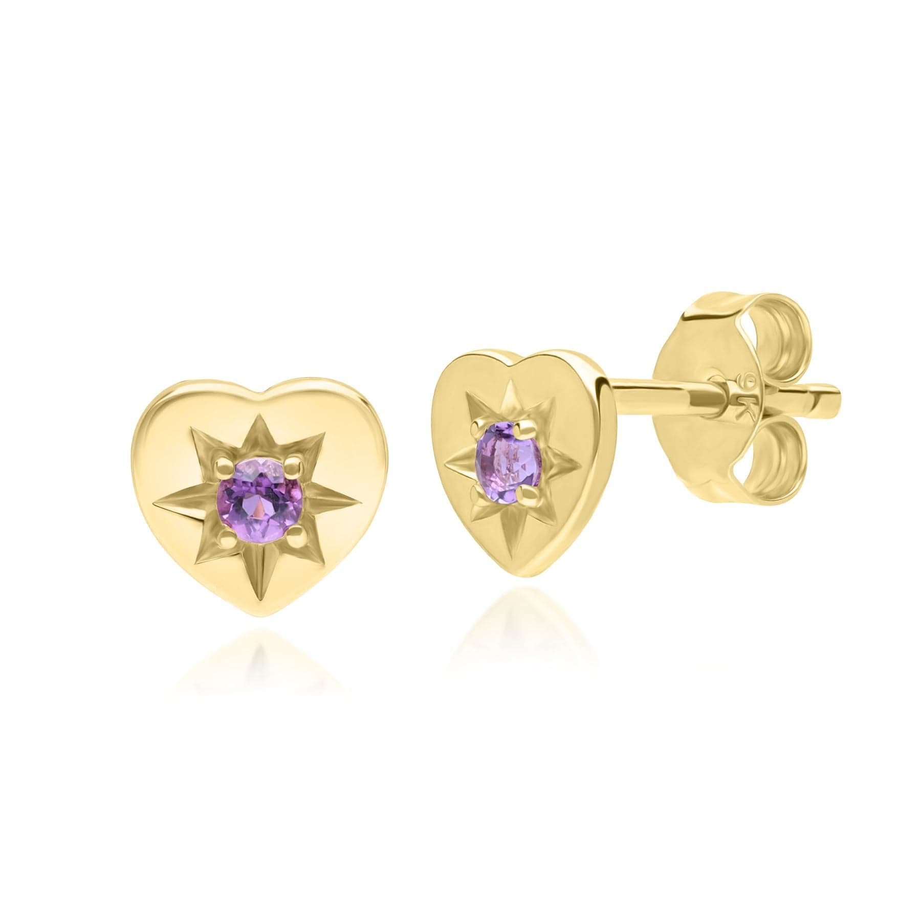 135E1820059 ECFEW™ 'The Liberator' Amethyst Heart Stud Earrings in 9ct Yellow Gold Front