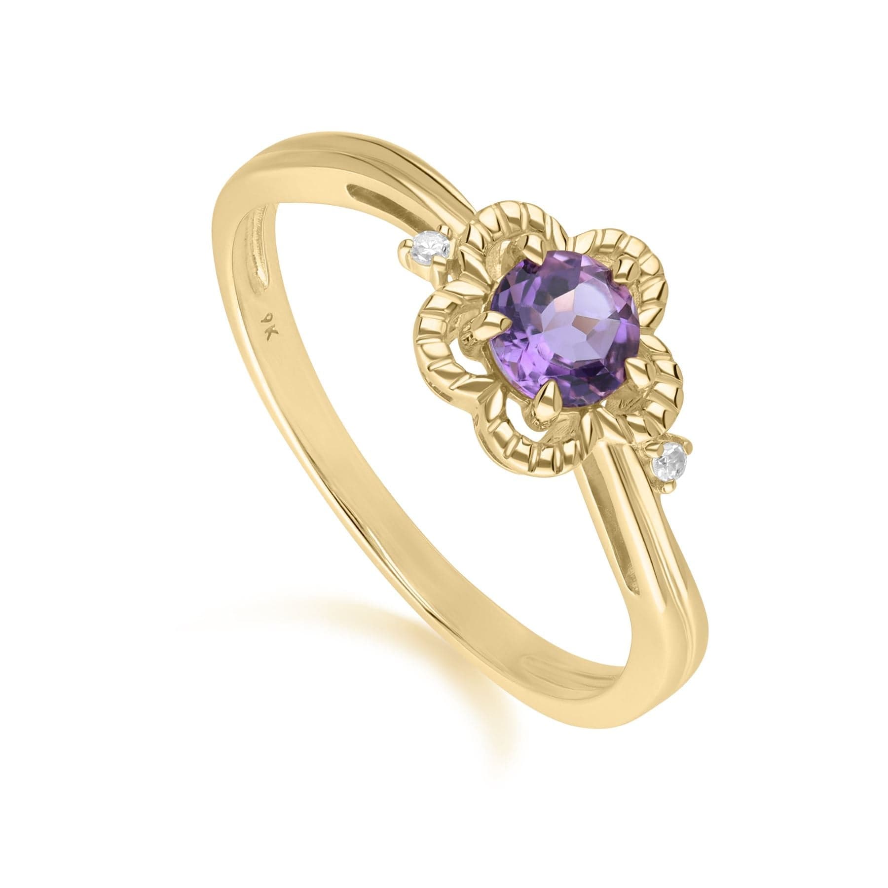 135R2049049 Floral Round Amethyst & Diamond Ring in 9ct Yellow Gold 1