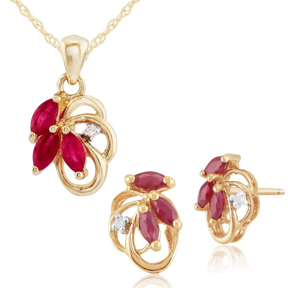 7012-7076 Art Nouveau Style Style Marquise Ruby & Diamond Leaf Stud Earrings & Pendant Set in 9ct Yellow Gold 1