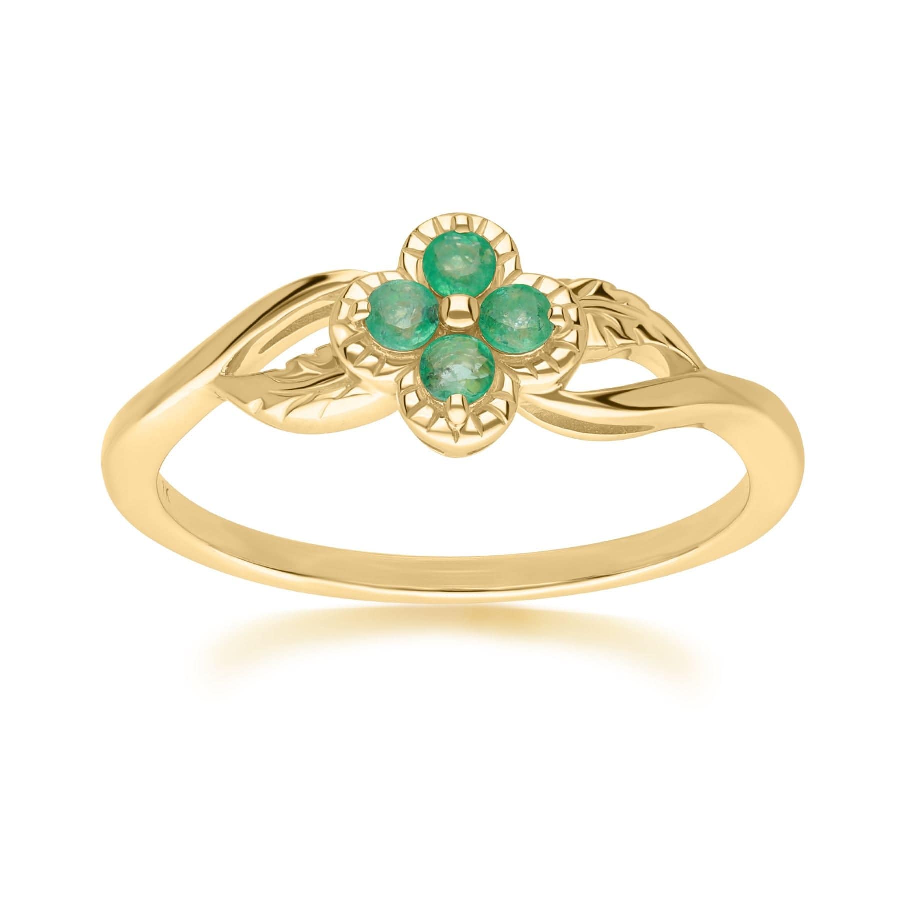 135R2048019 Floral Round Emerald Ring in 9ct Yellow Gold 1