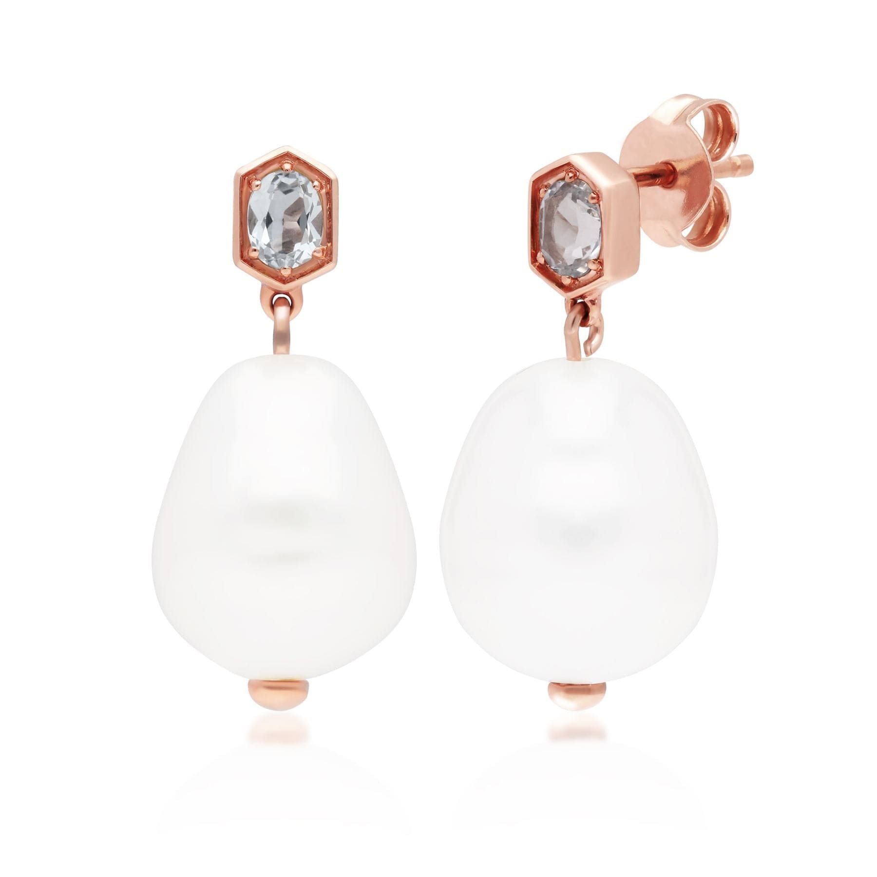 270E030505925 Modern Baroque Pearl & Aquamarine Drop Earrings in Rose Gold Plated Silver 1