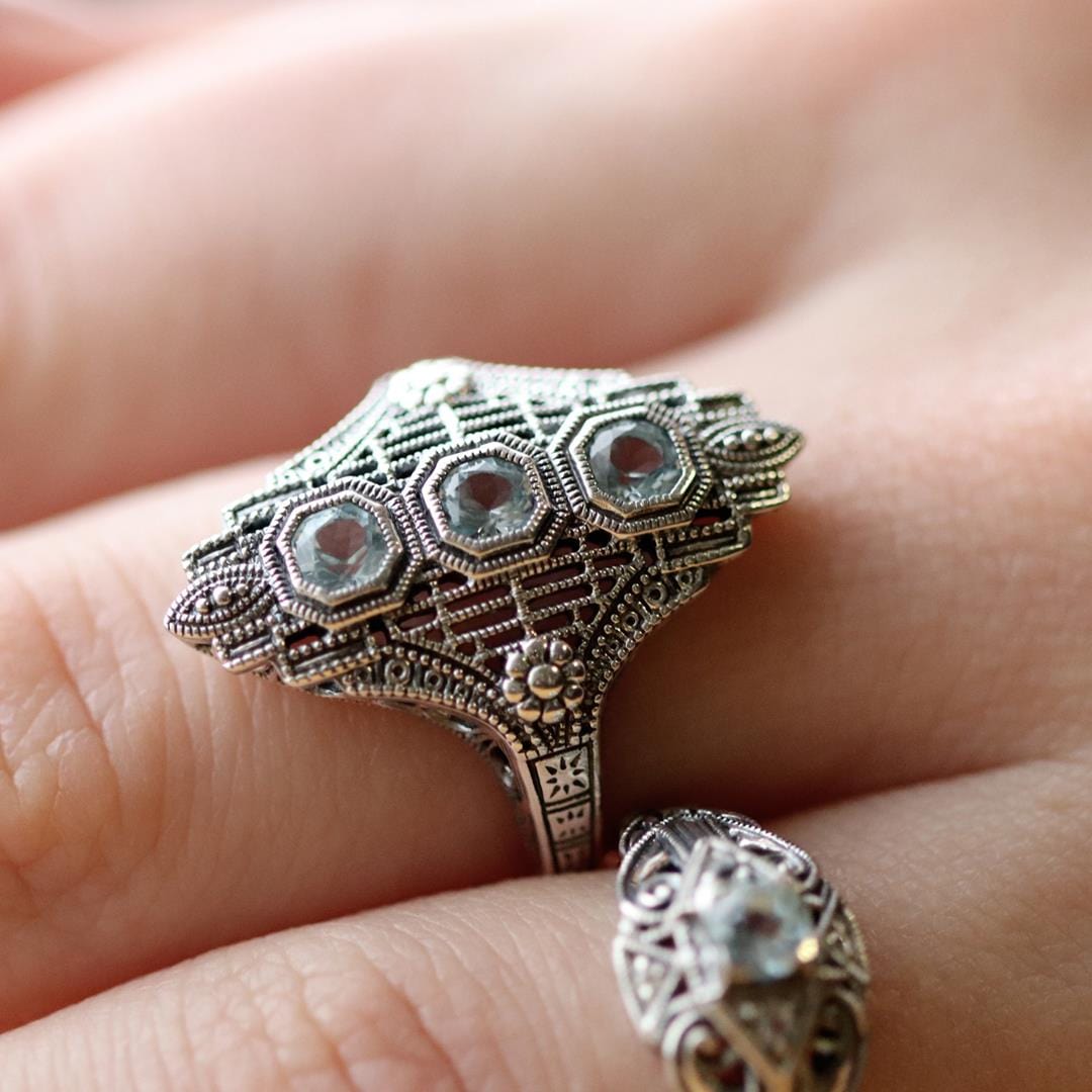 Art Nouveau Style Octagon Blue Topaz Three Stone Filigree Statement Ring in 925 Sterling Silver