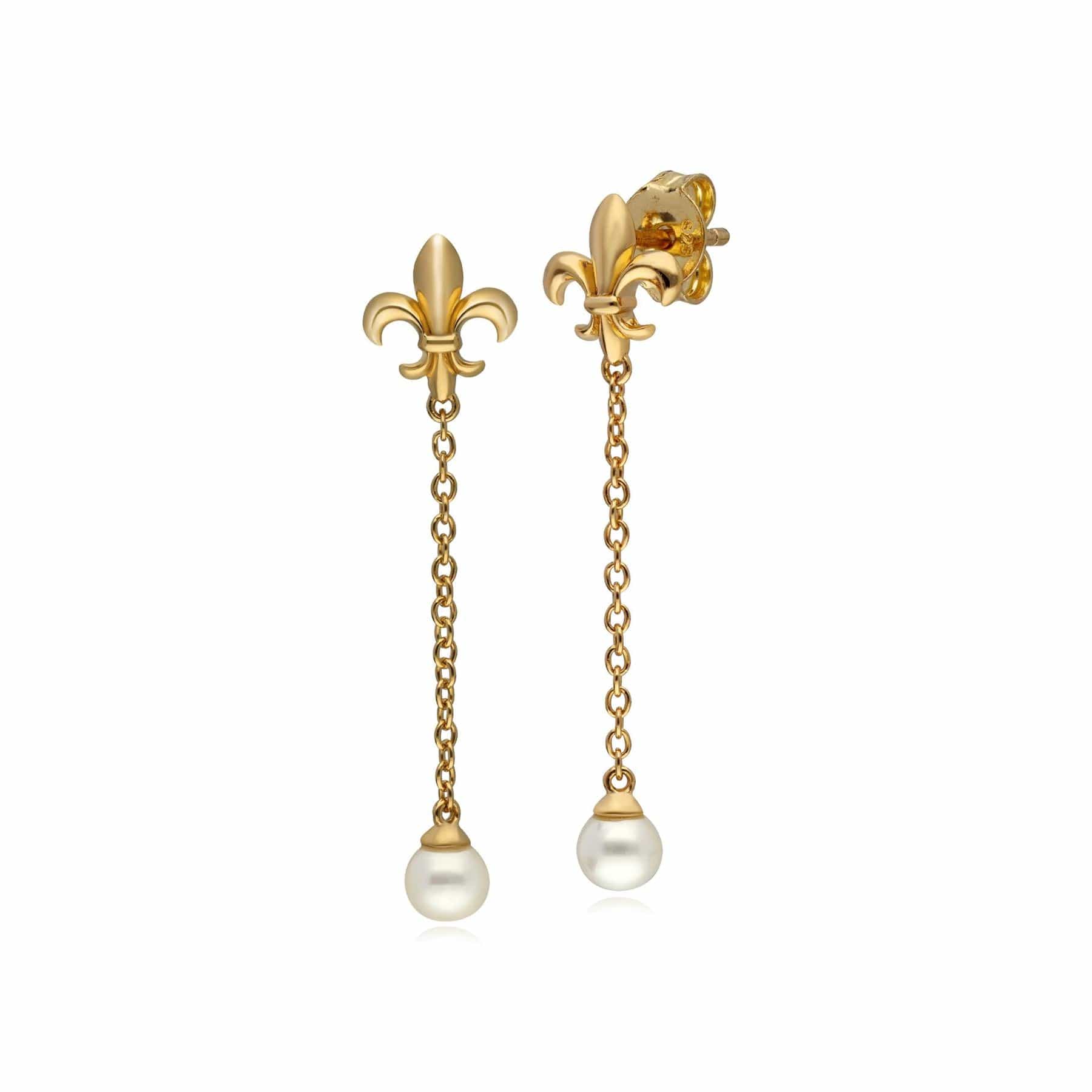 133E4119019 ECFEW™ Pearl Fleur De Lis Chain Drop Earrings In 9ct Yellow Gold 1
