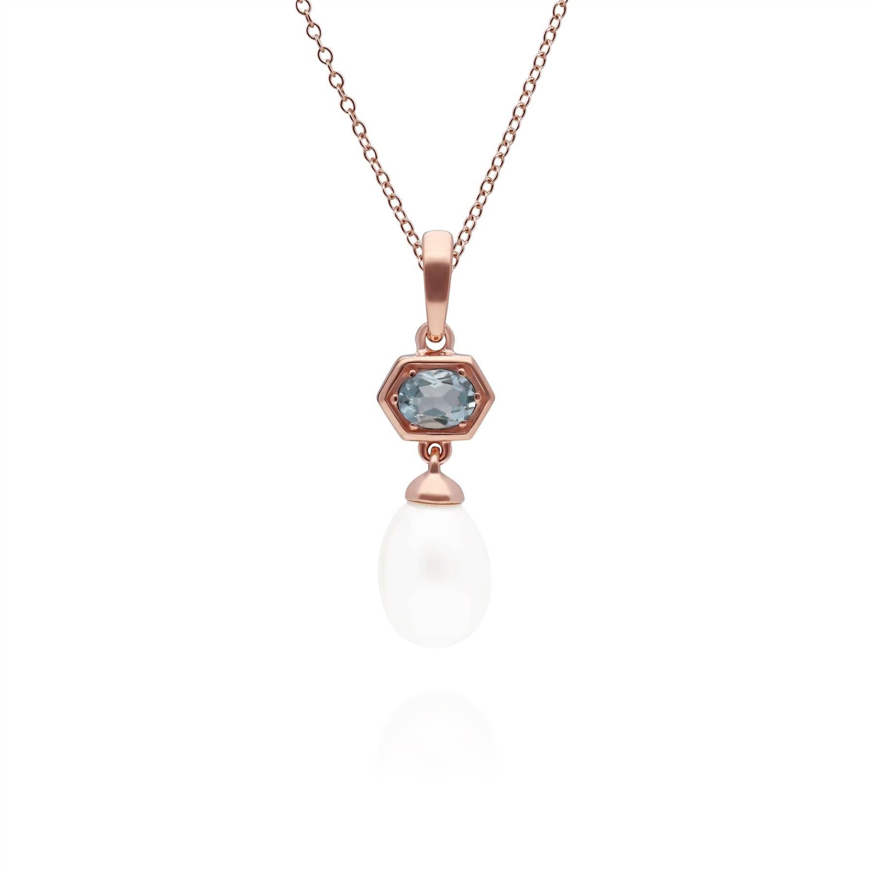 270P030404925 Modern Pearl & Aquamarine Hexagon Drop Pendant in Rose Gold Plated Silver 1