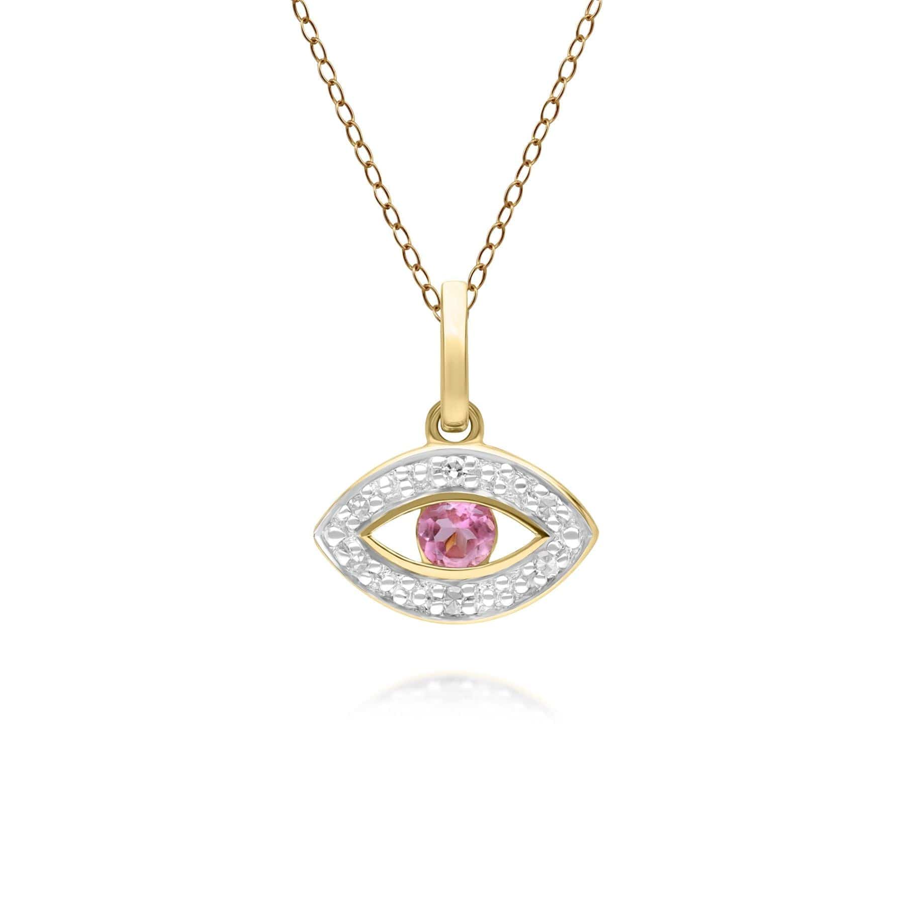 135P2101019 ECFEW™ Dainty Evil Eye Pink Tourmaline & Diamond Pendant in 9ct Yellow Gold Front