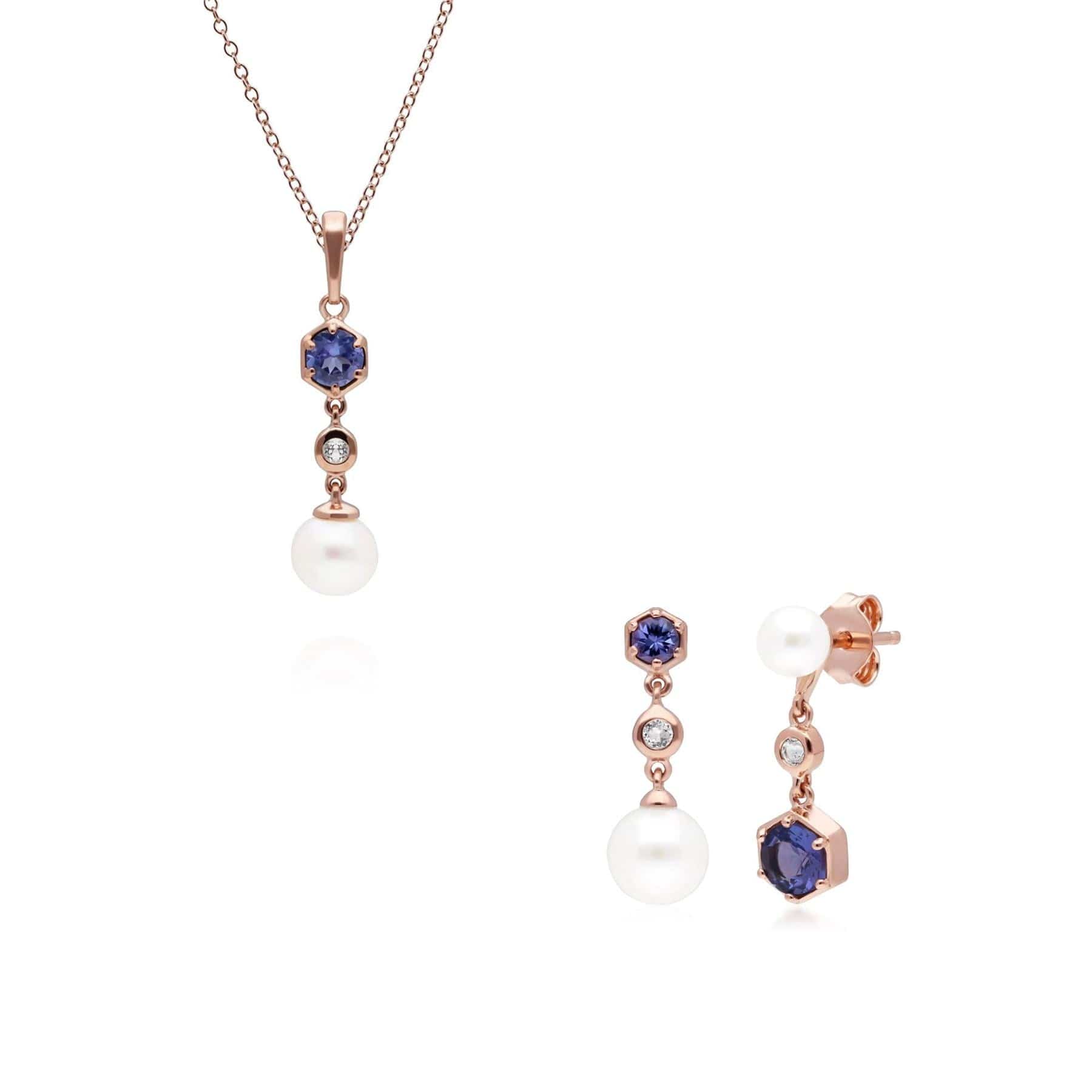 270P030308925-270E030308925 Modern Pearl, Tanzanite & Topaz Pendant & Earring Set in Rose Gold Plated Silver 1