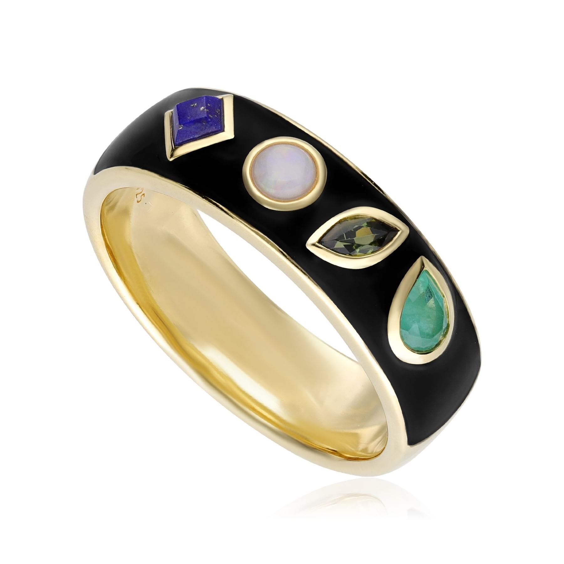 253R663701925 Coded Whispers Black Enamel 'Love' Acrostic Gemstone Ring In Yellow Gold Plated Silver 1