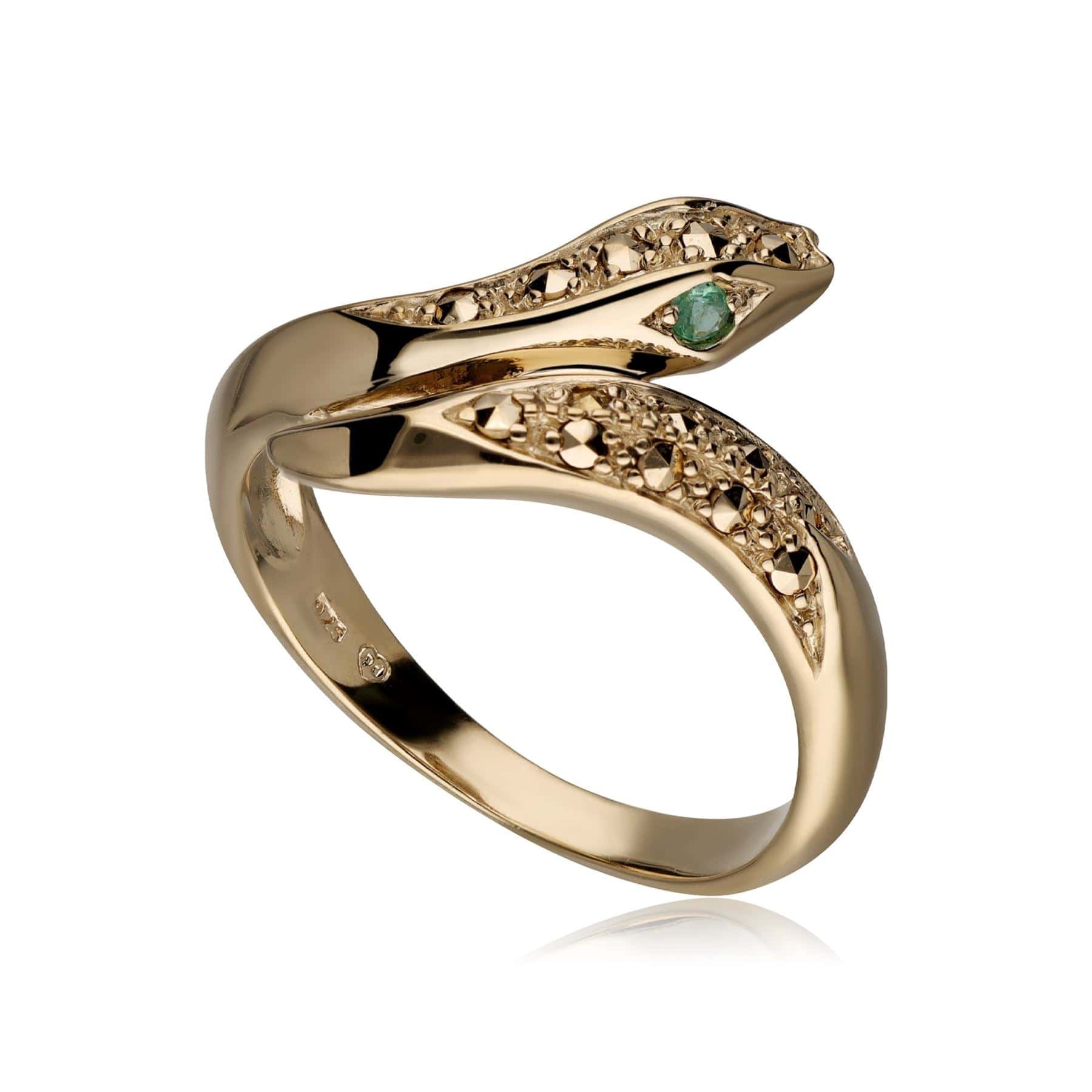 234R043501925 Emerald Eye Marcasite Snake Ring in Gold Plated Sterling Silver 1