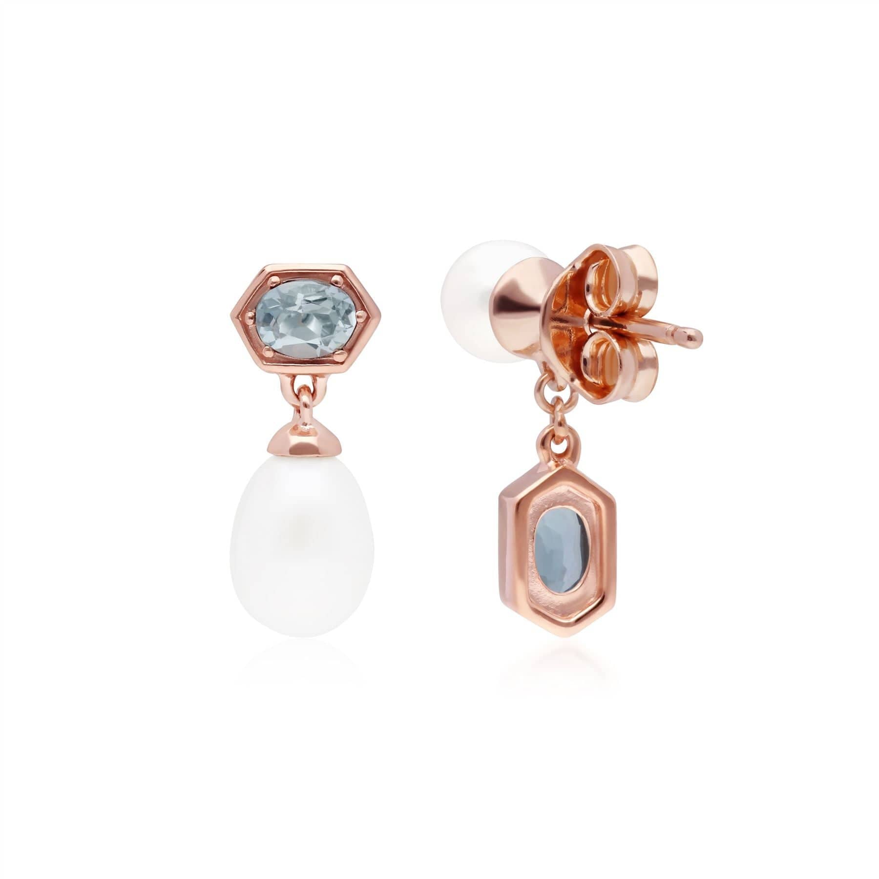270E030404925 Modern Pearl & Aquamarine Mismatched Drop Earrings in Rose Gold Plated Silver 2